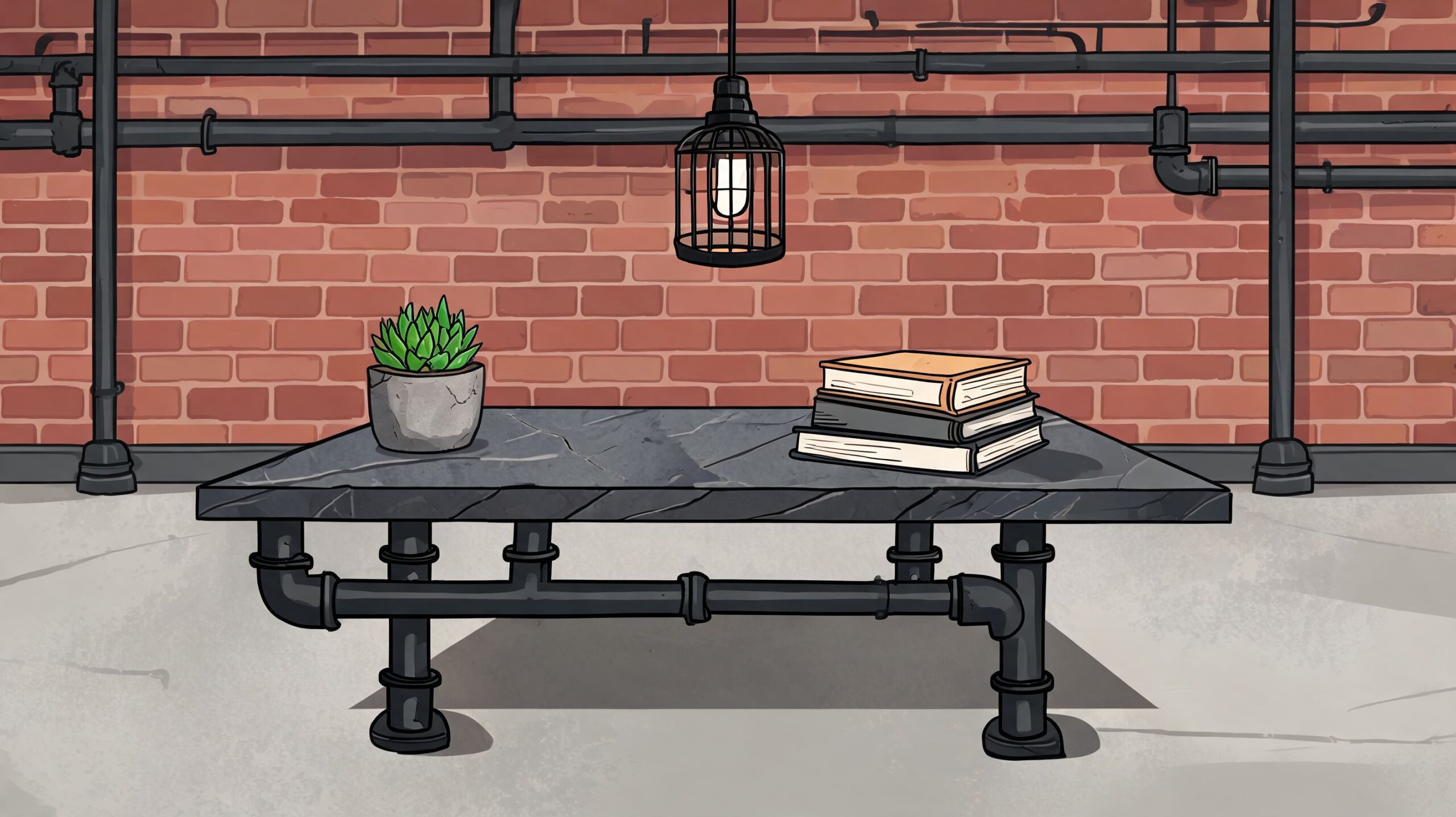 A sleek slate cocktail table featuring a succulent plant and stacked books against an industrial brick background.