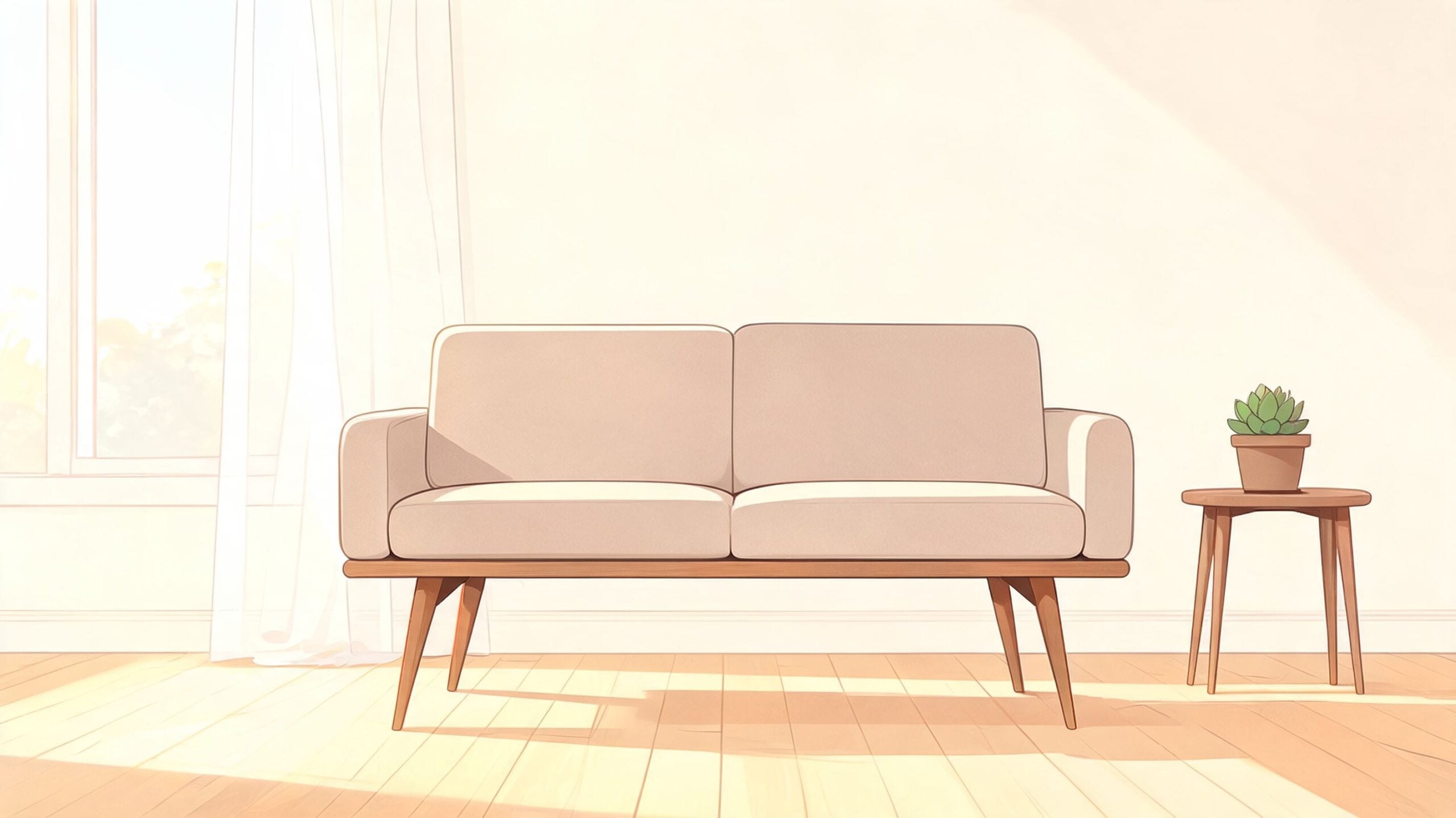 A modern two-seater beige sofa sits in a bright, sunlit living room next to a small side table.