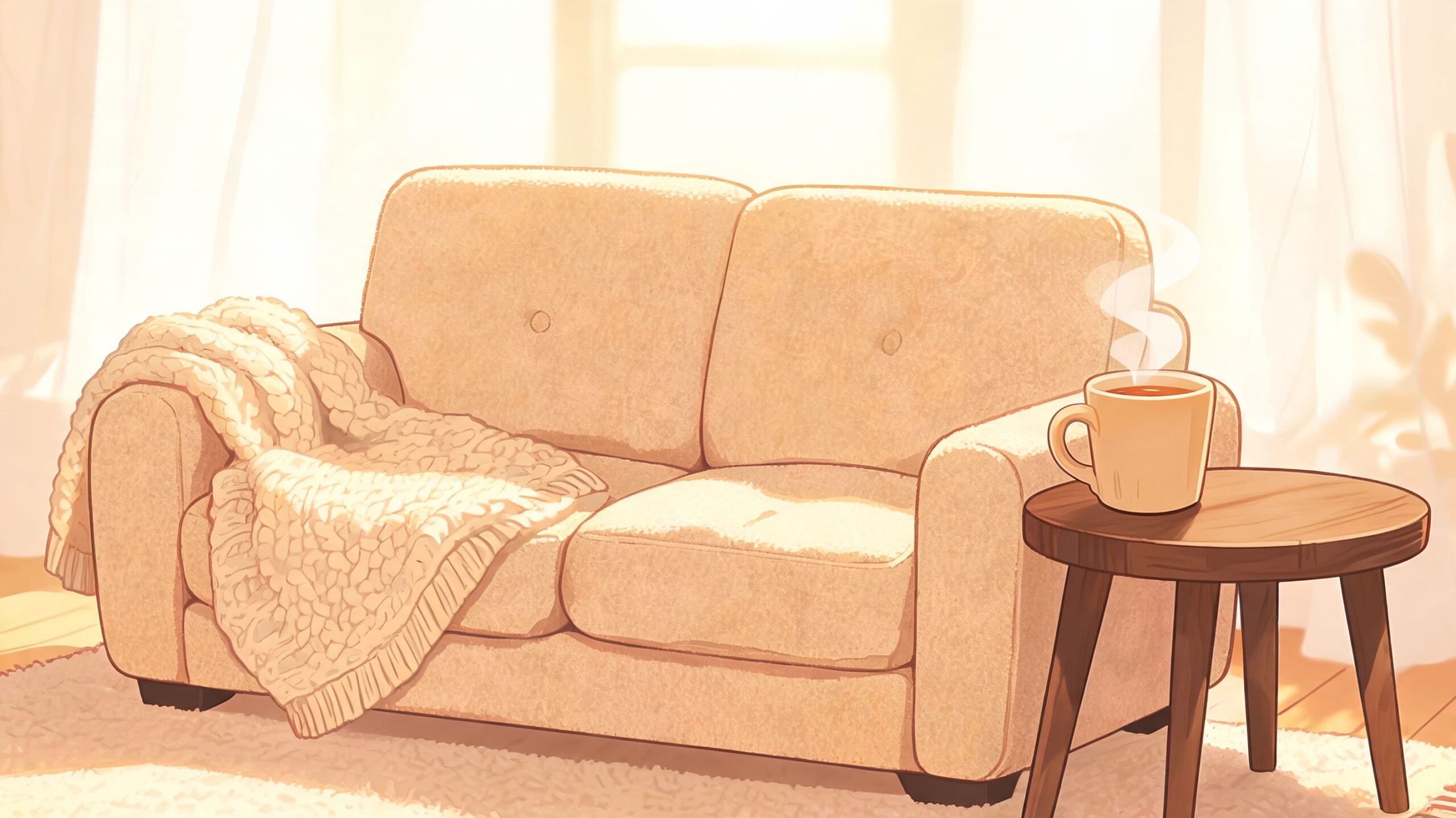 A cozy, beige two-seater couch with a soft knitted throw blanket and a steaming mug on a side table.