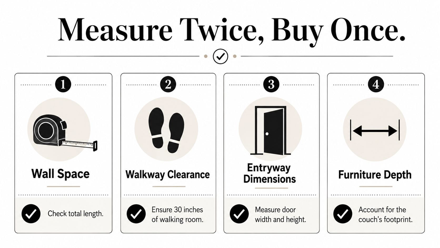 A helpful infographic showing four essential measuring tips for buying furniture and checking room dimensions.