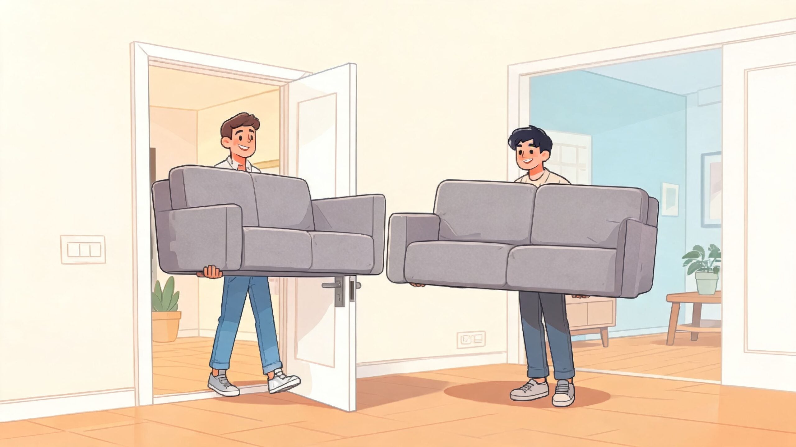 Two men carrying small gray couches through an open doorway into a bright living room space.