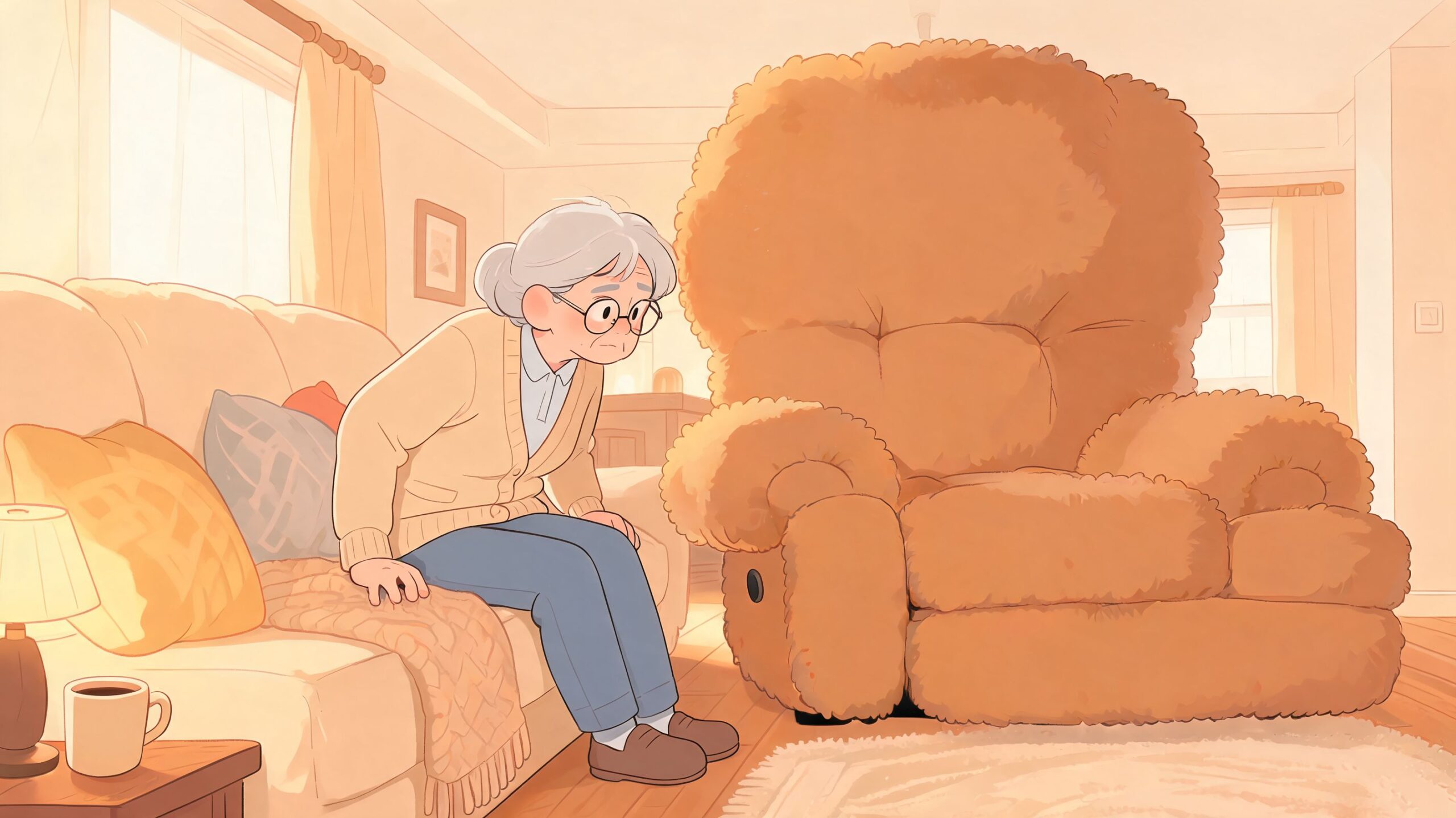An elderly woman sitting on a couch, looking at a large, fuzzy, light brown recliner chair.
