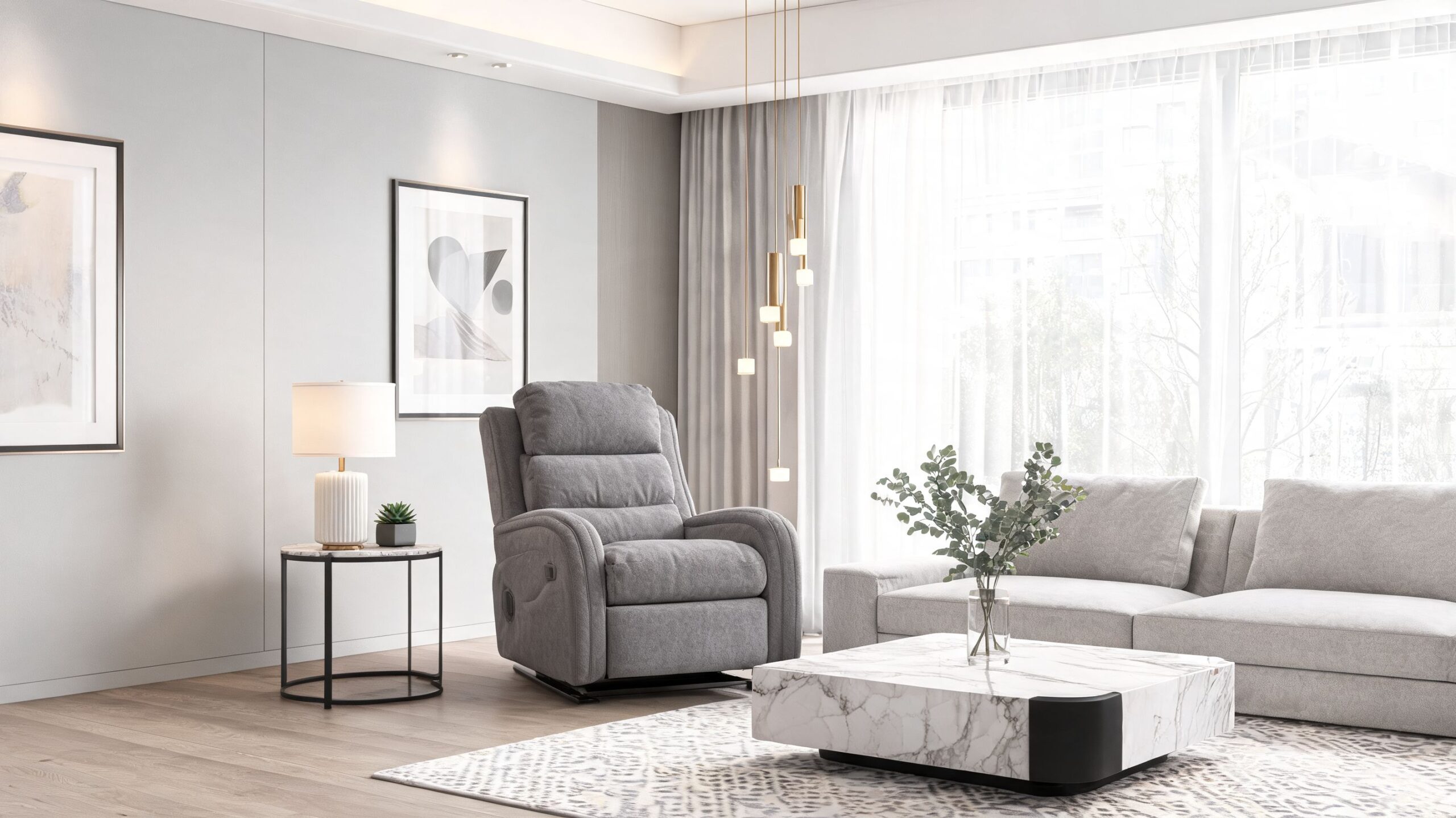 A modern, grey upholstered lift chair placed in a brightly lit, contemporary living room interior.