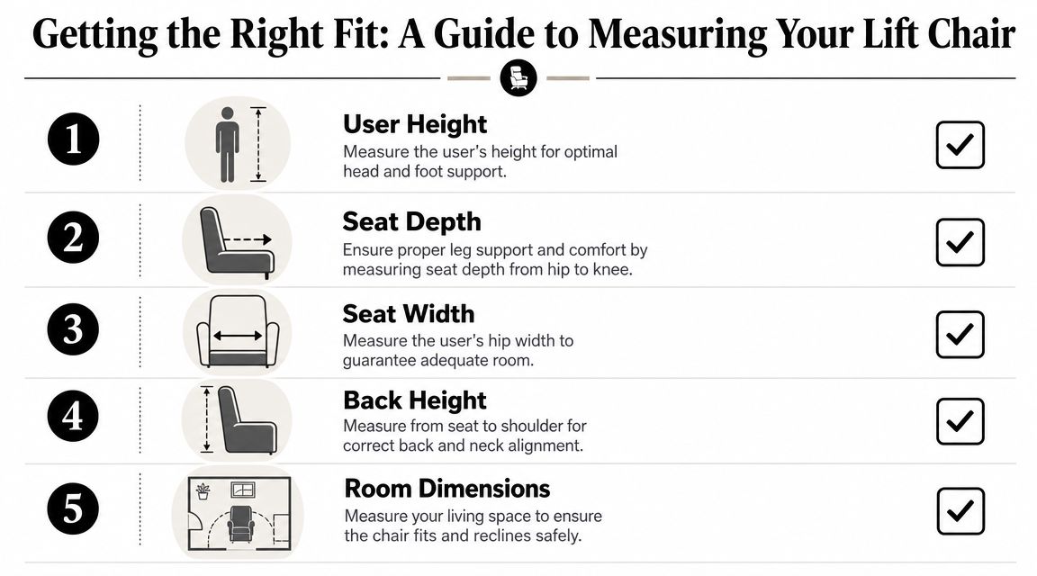 A guide illustrating five essential measurements for selecting the right sized lift chair for comfort and fit.