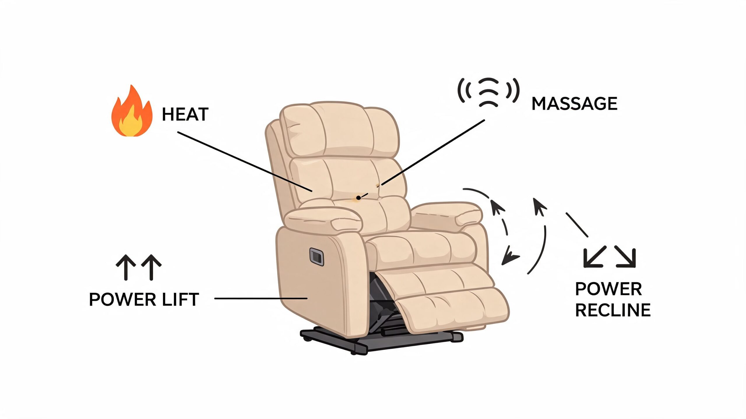 A beige power lift recliner chair featuring built-in massage, heating, and power reclining functions.