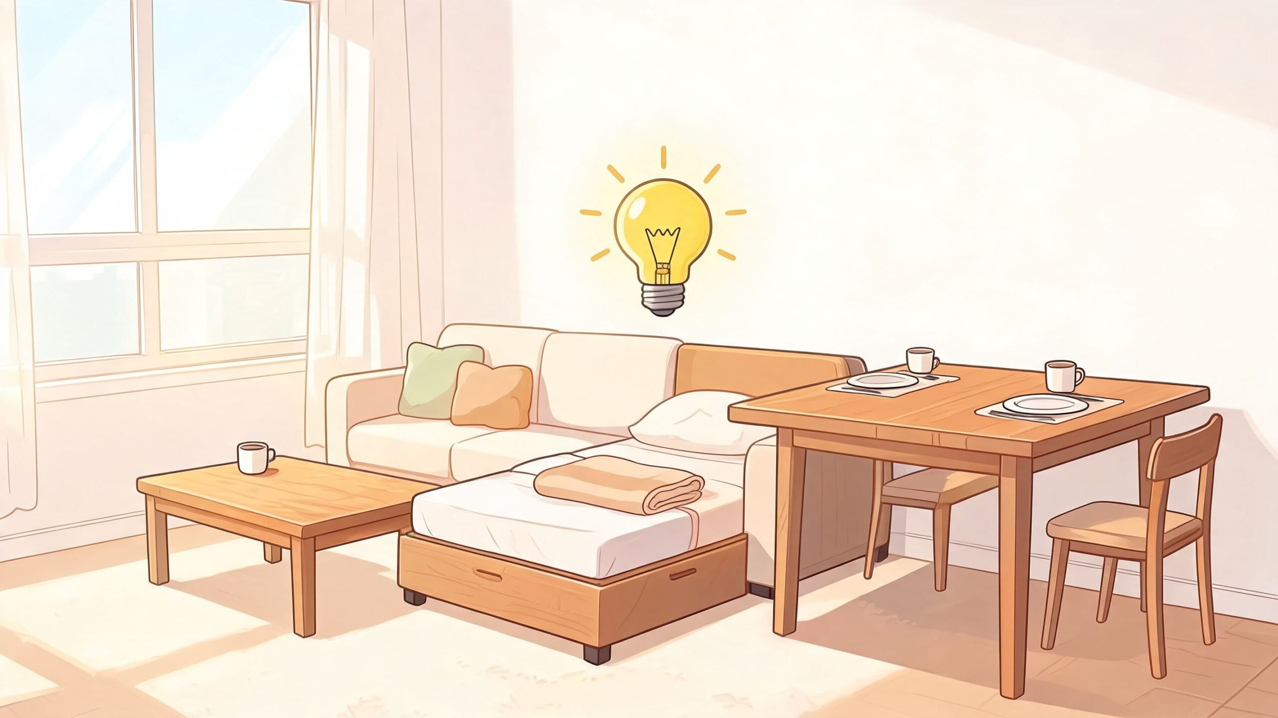 A cozy studio apartment living area featuring a convertible sofa bed, a small wooden dining table and chairs.