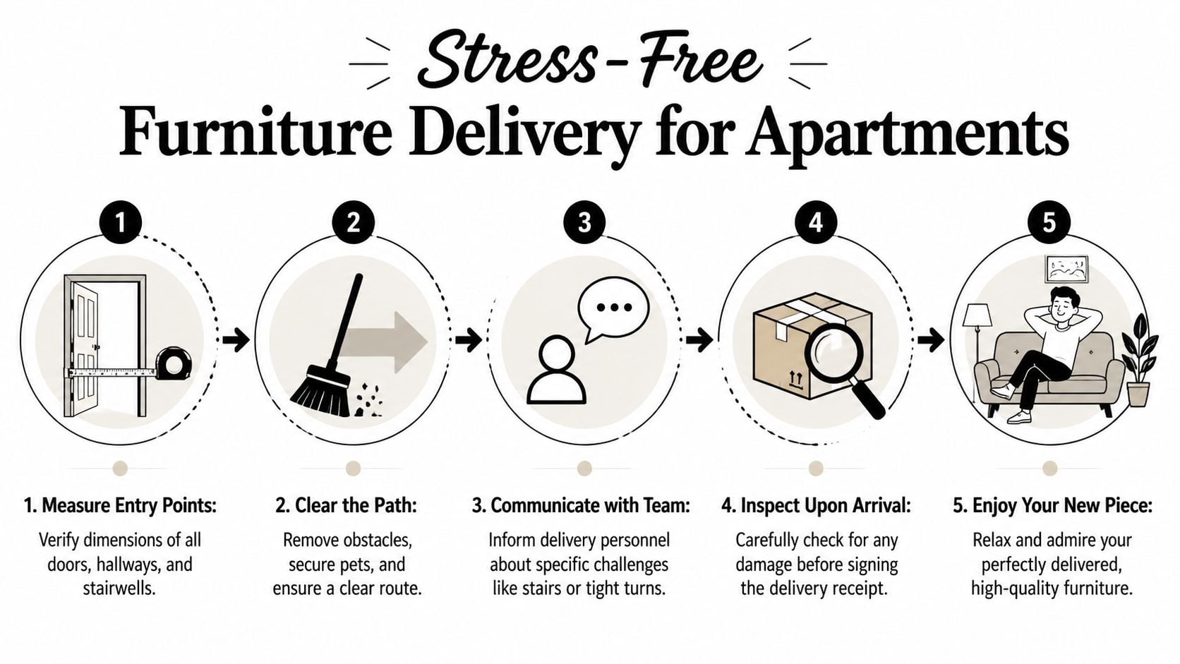 An infographic showing a five-step process for stress-free apartment furniture delivery, including measuring, clearing paths, and inspection.