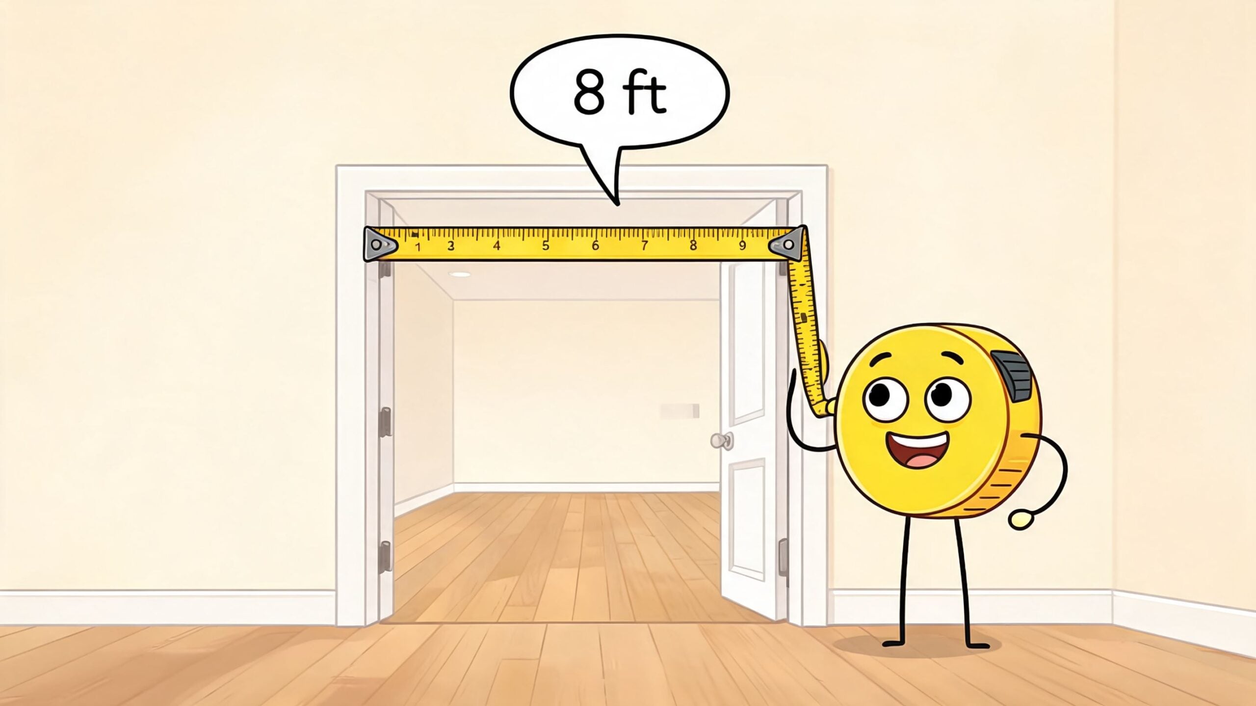 A friendly cartoon tape measure character measuring the width of a doorway in a room.