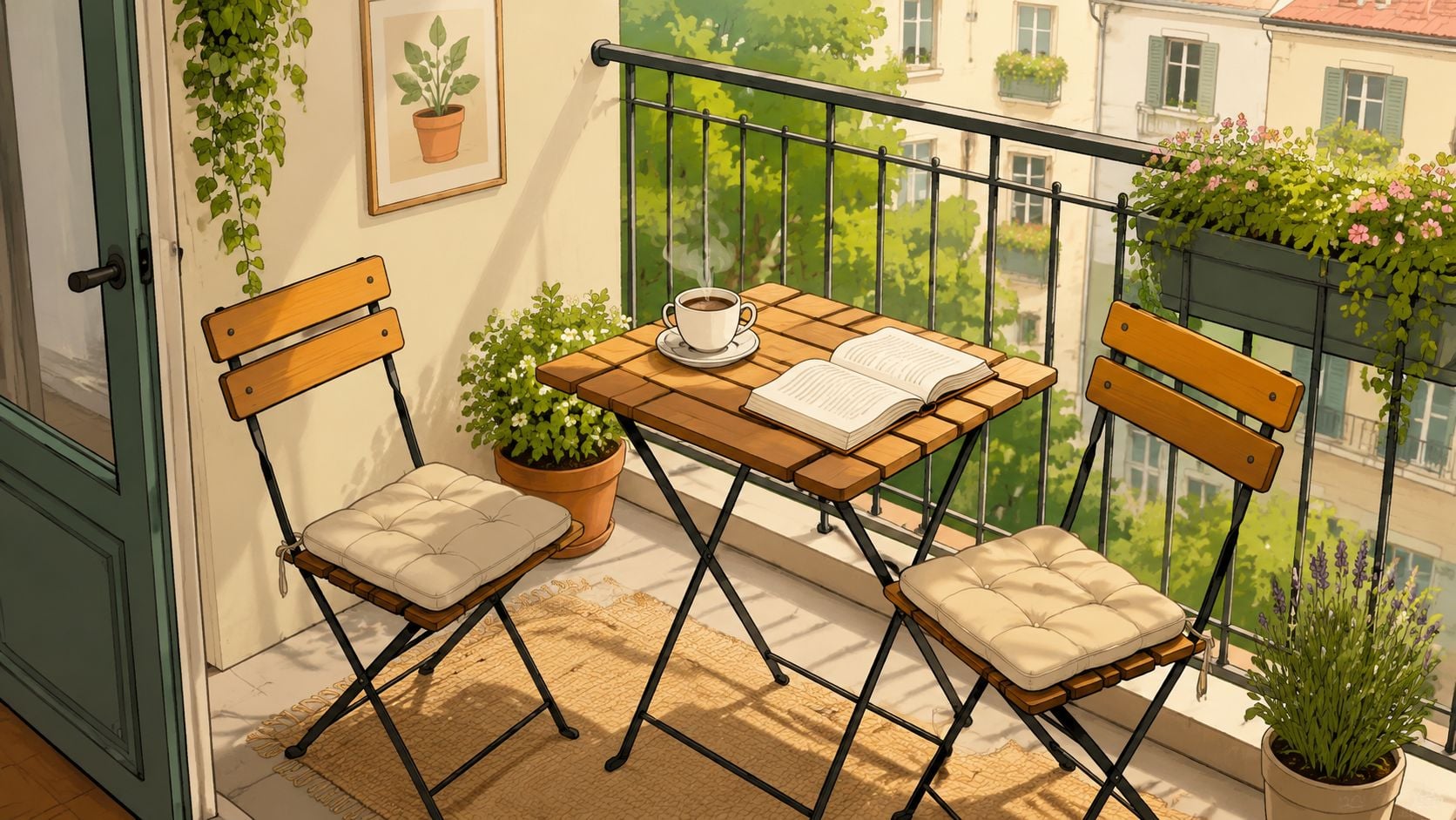 A cozy, sunlit balcony with a small wooden table, two folding chairs, and potted plants overlooking buildings.