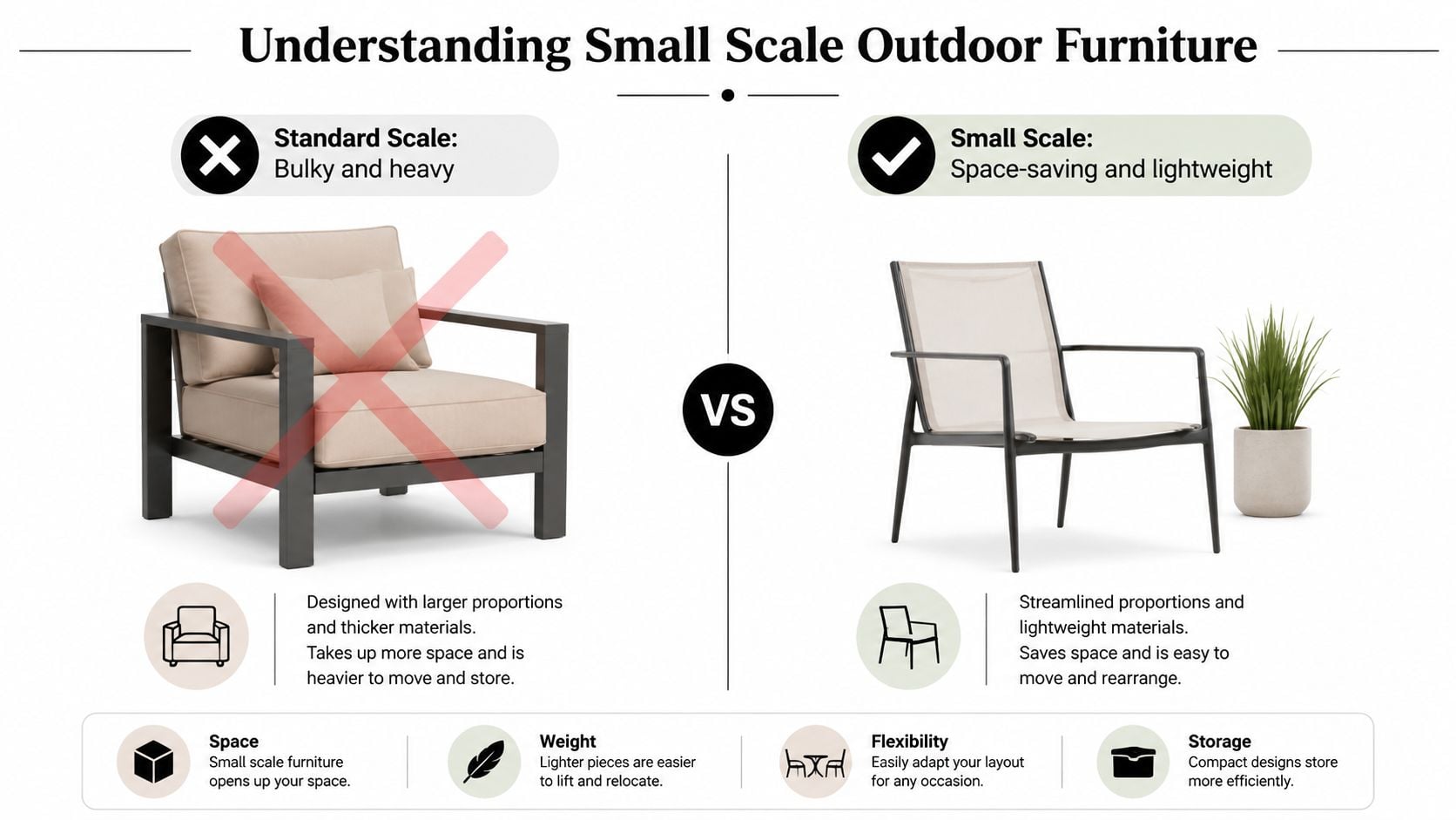 A comparison infographic showing the benefits of choosing small-scale outdoor furniture over bulky standard-sized furniture designs.