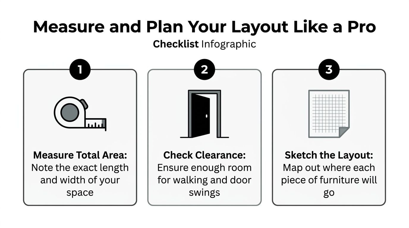 A three-step infographic showing how to measure and plan a room layout for furniture placement.