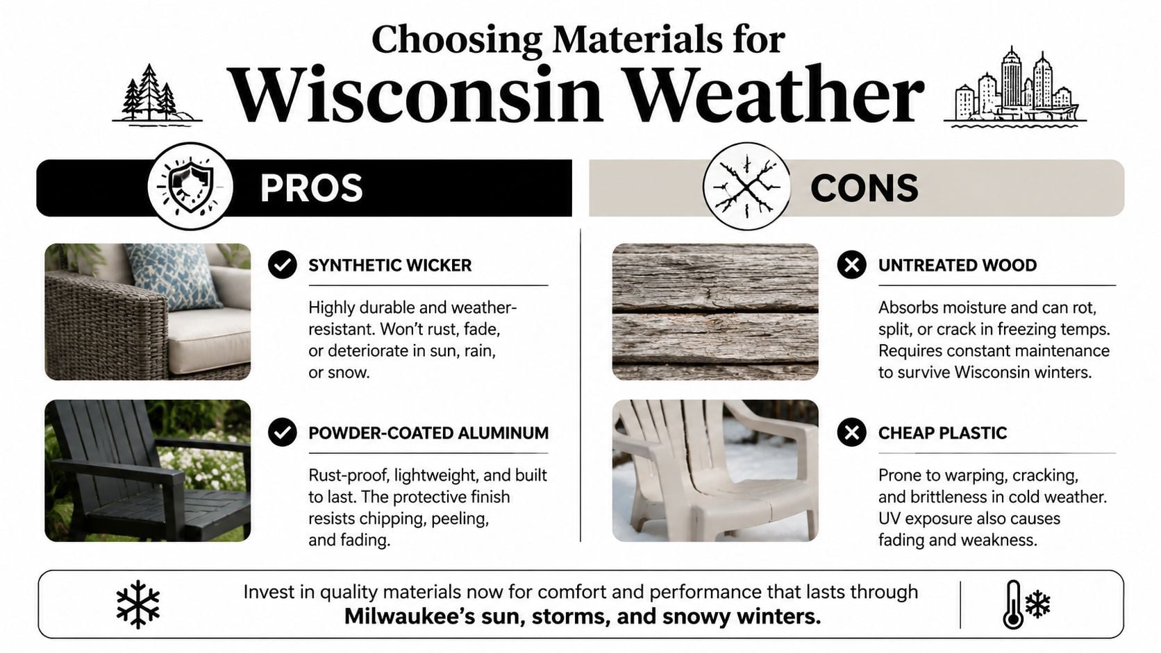 An infographic comparing durable and fragile outdoor furniture materials for Wisconsin weather, featuring pros and cons.