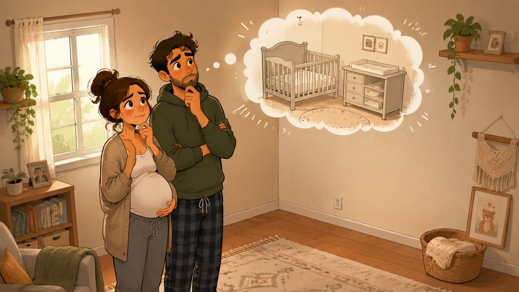 An expectant couple imagines a crib and changing table setup for their new baby in a room.