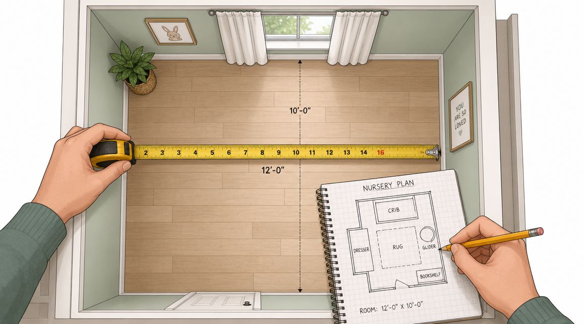 A person measuring a small nursery room with a tape measure to plan furniture placement on paper.
