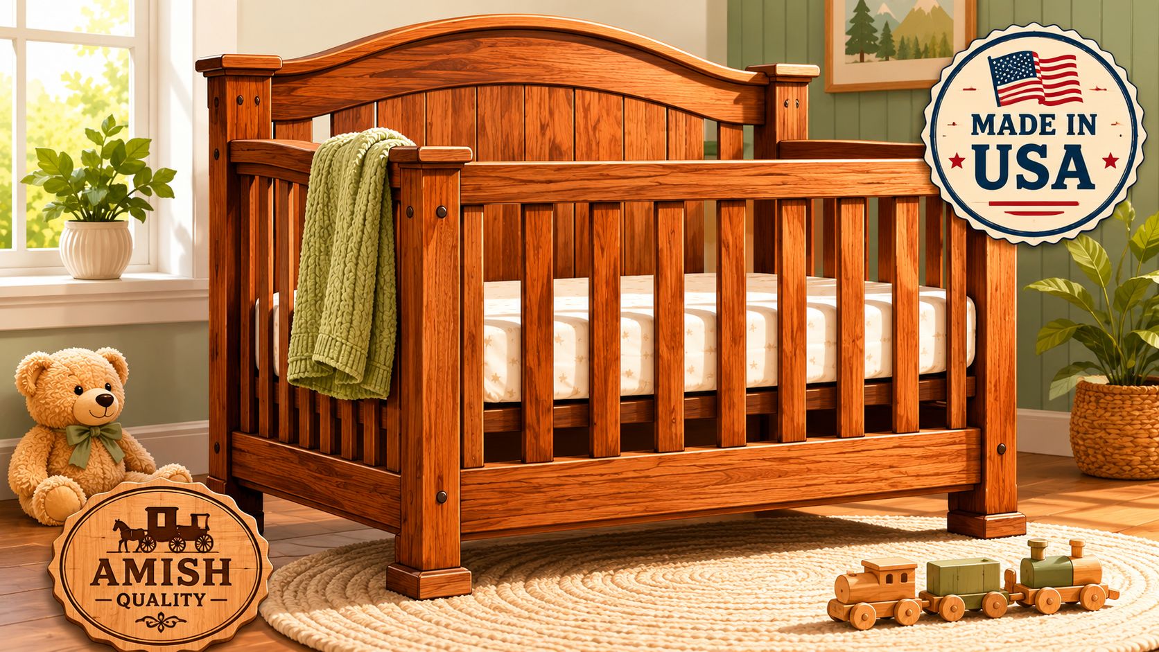 A wooden baby crib sits in a nursery room with a toy train and teddy bear.
