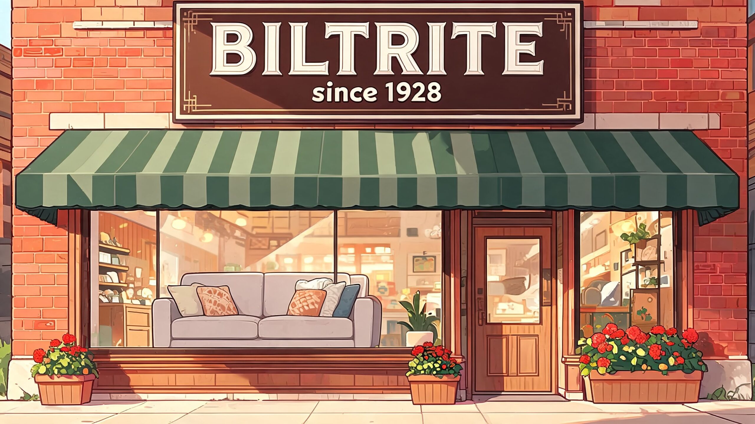 A cozy furniture store named Biltrite storefront with a comfortable sofa visible in the window display.