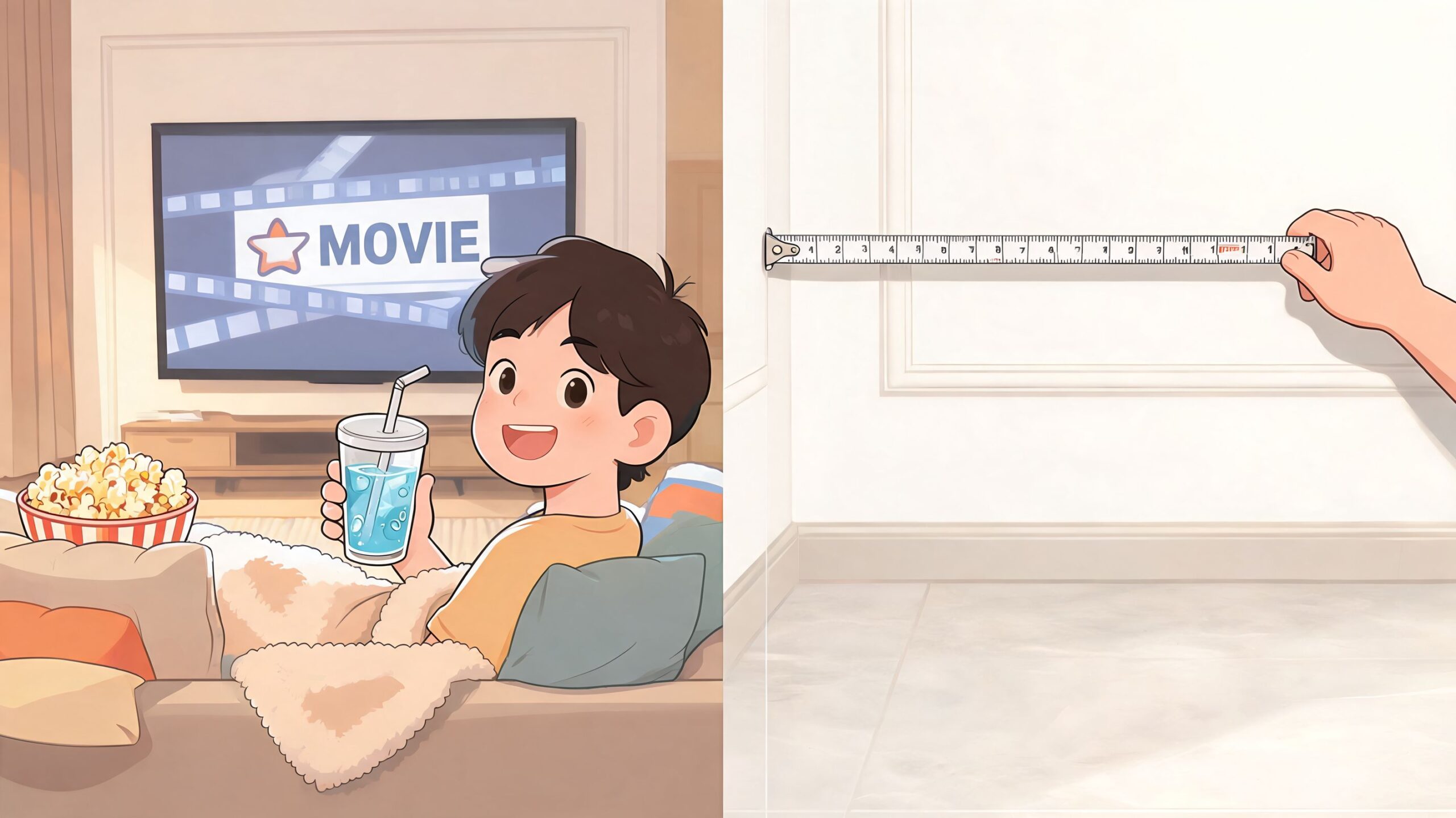 A split-screen illustration showing a boy relaxing on a sofa watching movies and a person measuring a wall.