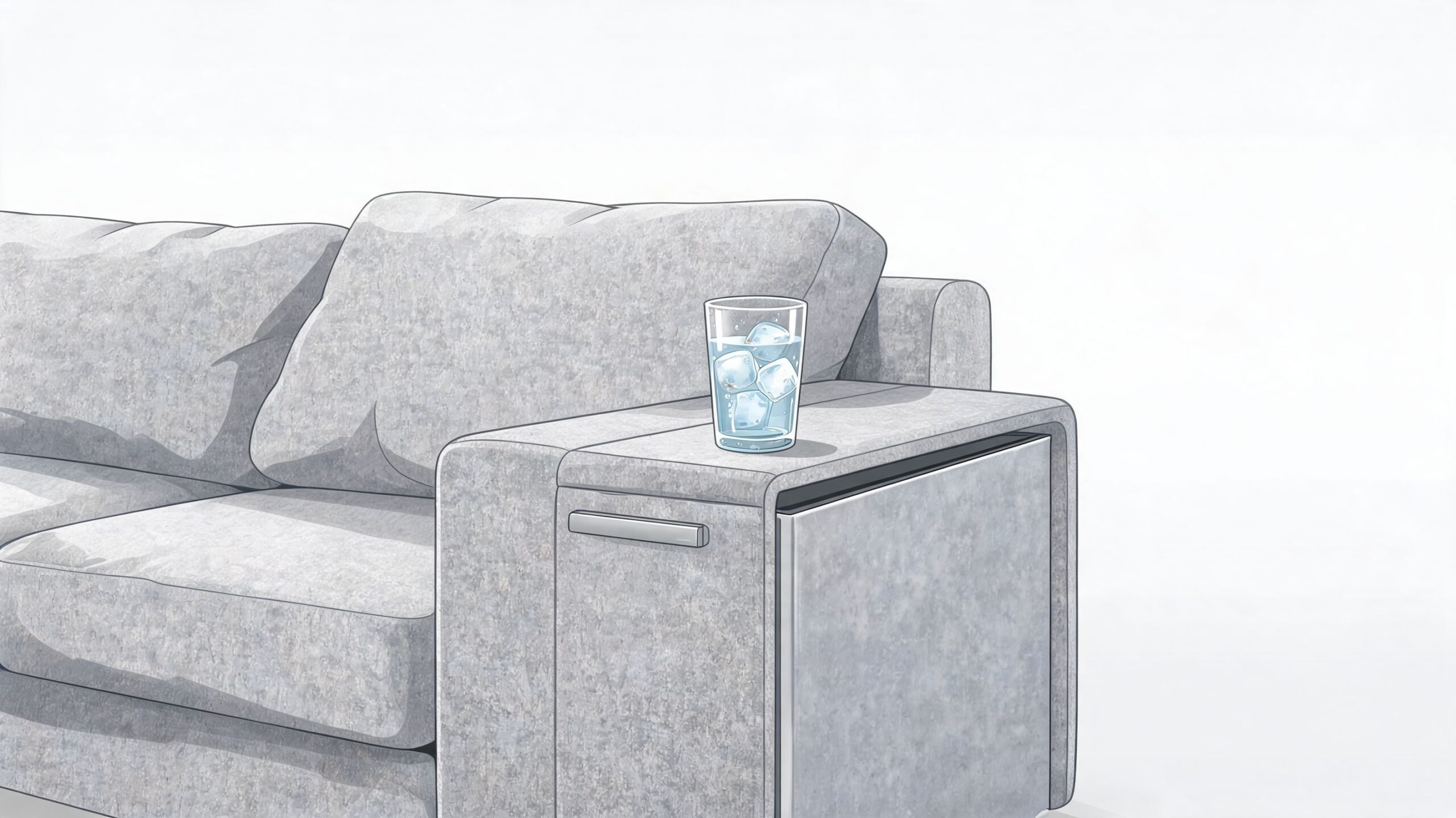 A modern grey sofa featuring an integrated side table with a built-in refrigerator and a glass of water.