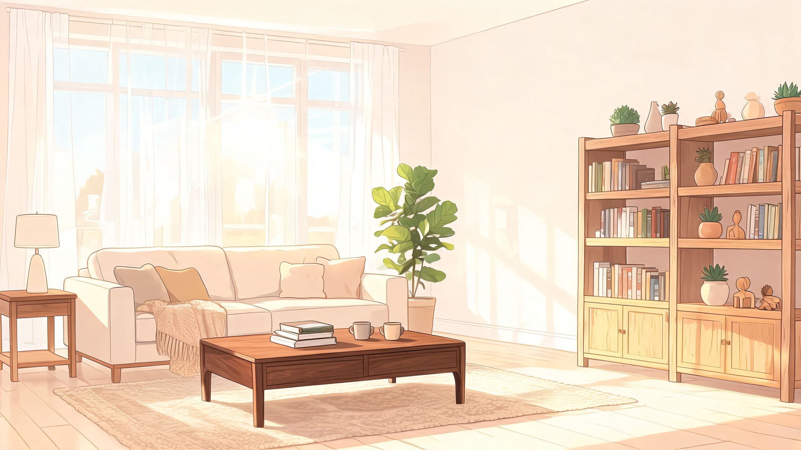 A cozy, sunlit living room featuring a comfortable white couch, wooden shelving unit, and indoor greenery.