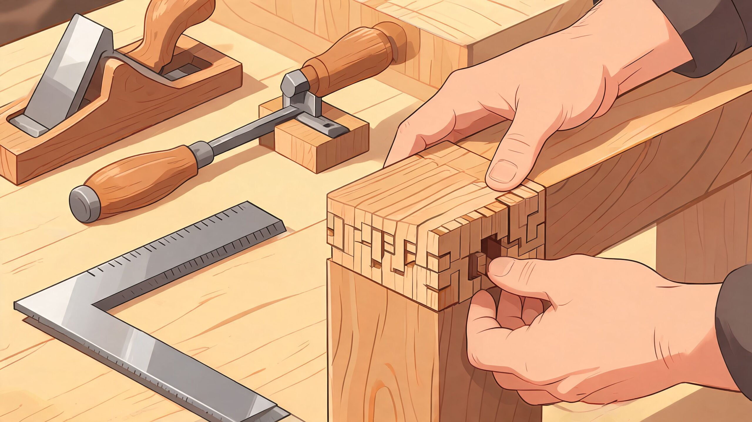 A close-up of a carpenter carefully assembling a complex wooden dovetail joint on a workbench.