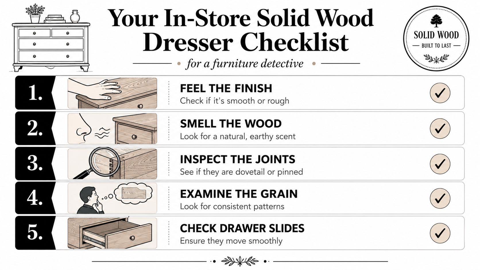 A five-step instructional guide on how to identify high-quality solid wood furniture when shopping in a store.