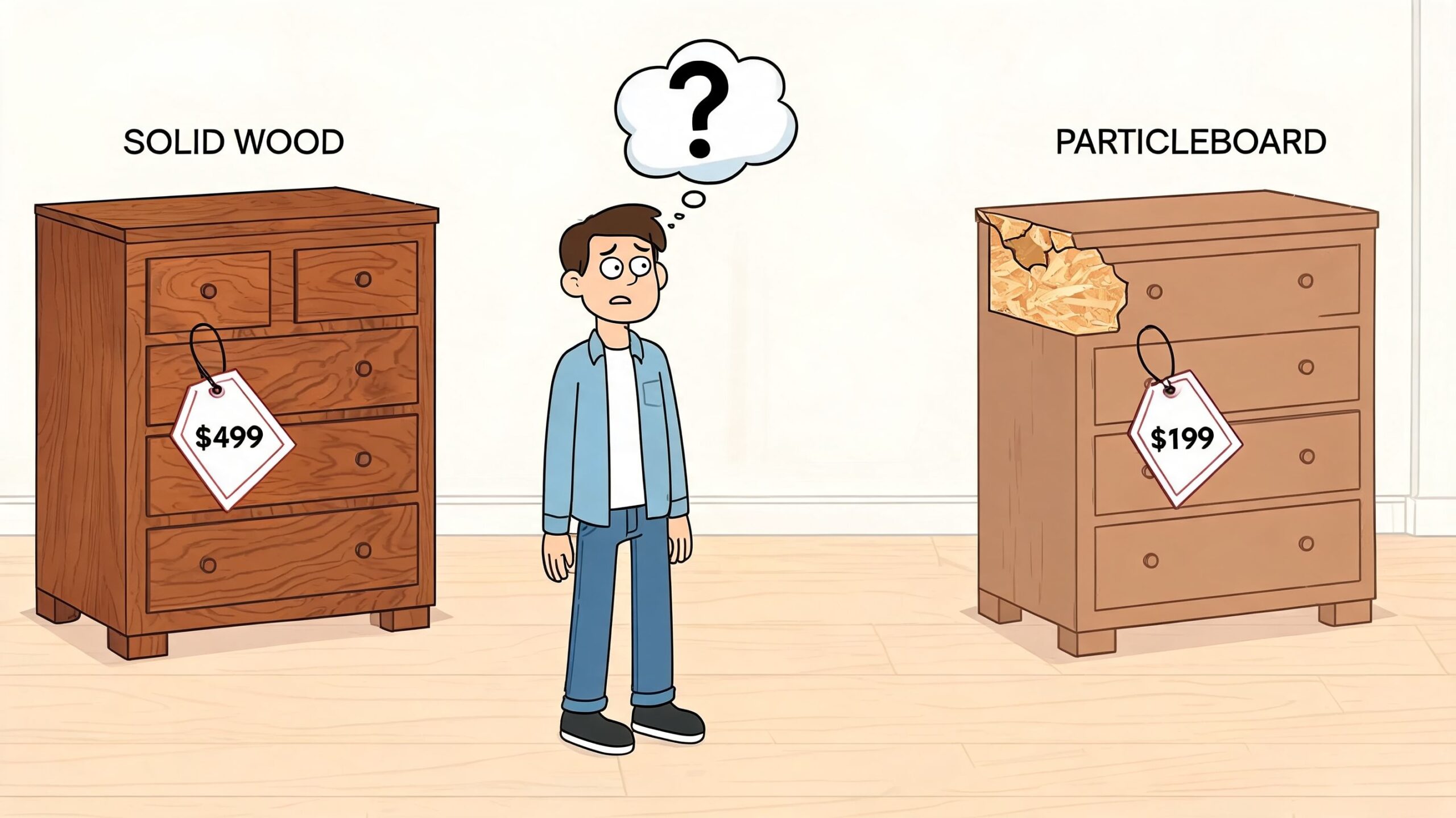 A person contemplating the decision between an expensive solid wood dresser and a cheaper damaged particleboard dresser.