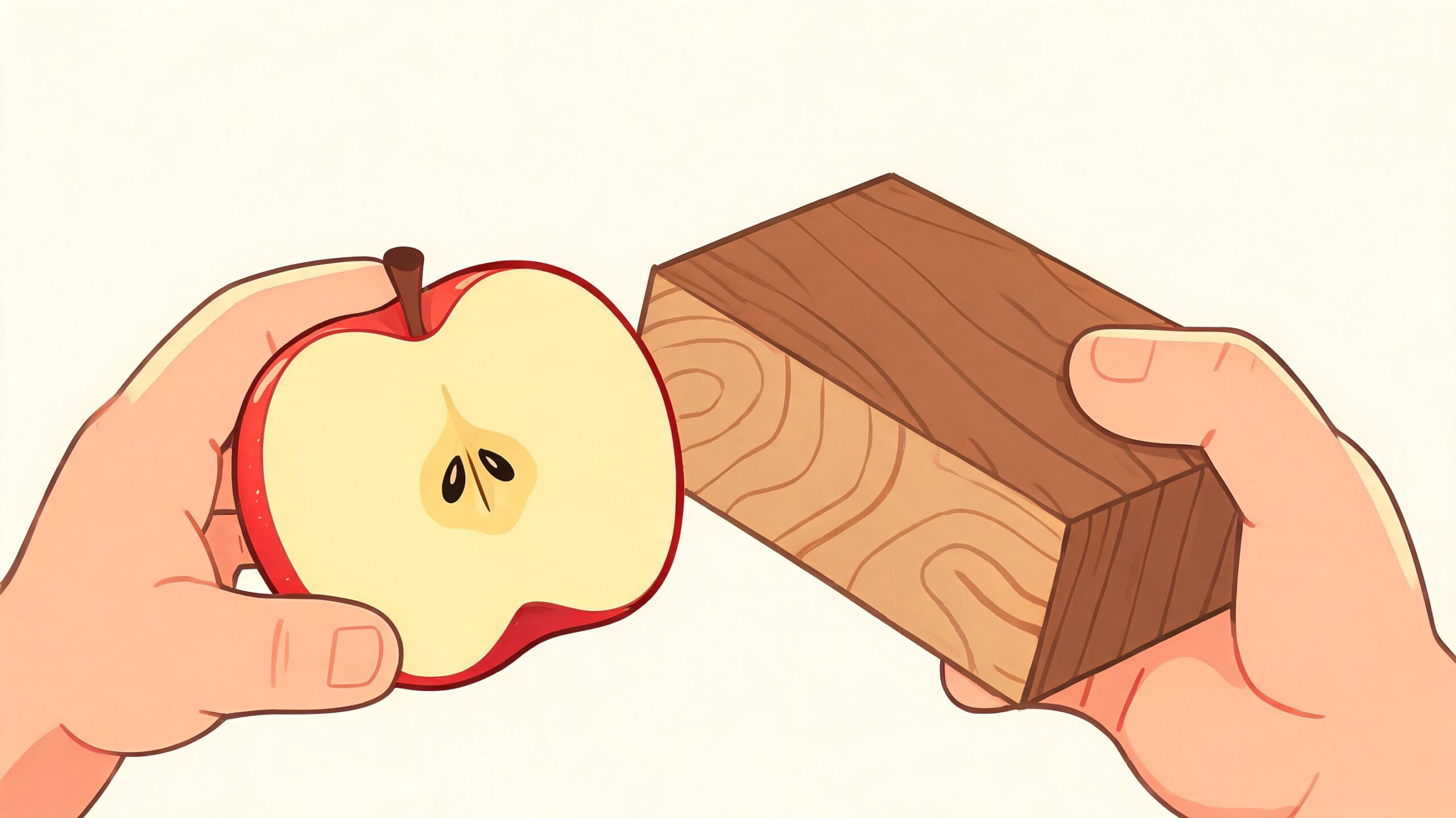 A hand holding a slice of a red apple next to a hand holding a block of wood.