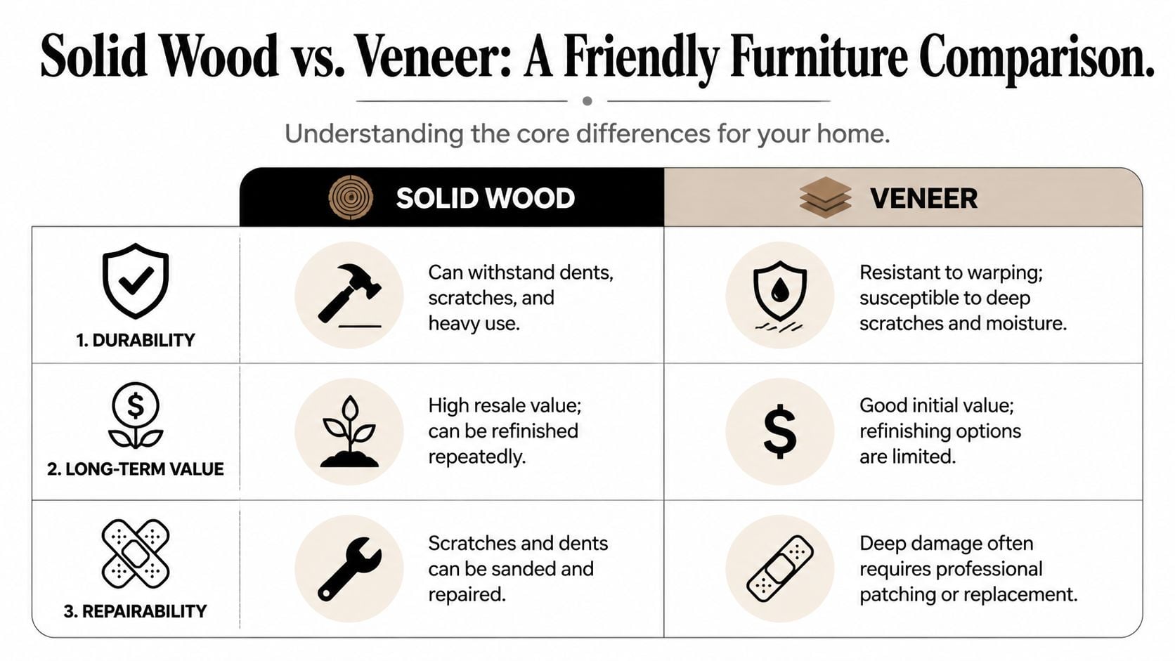 A comparison chart outlining the differences in durability, value, and repairability between solid wood and veneer furniture.