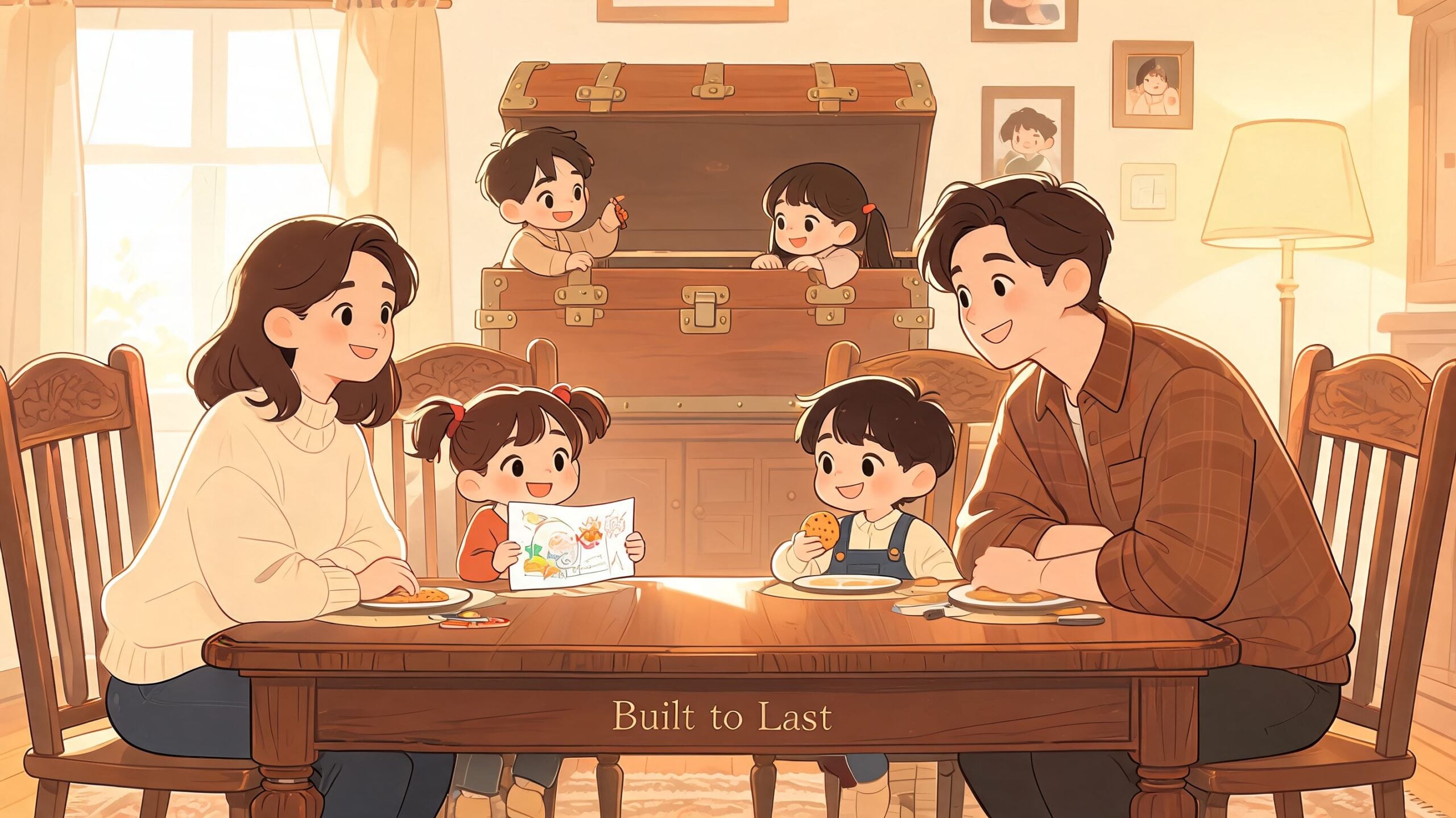 A happy family sitting at a solid wood dining table in a cozy, sunlit room together.