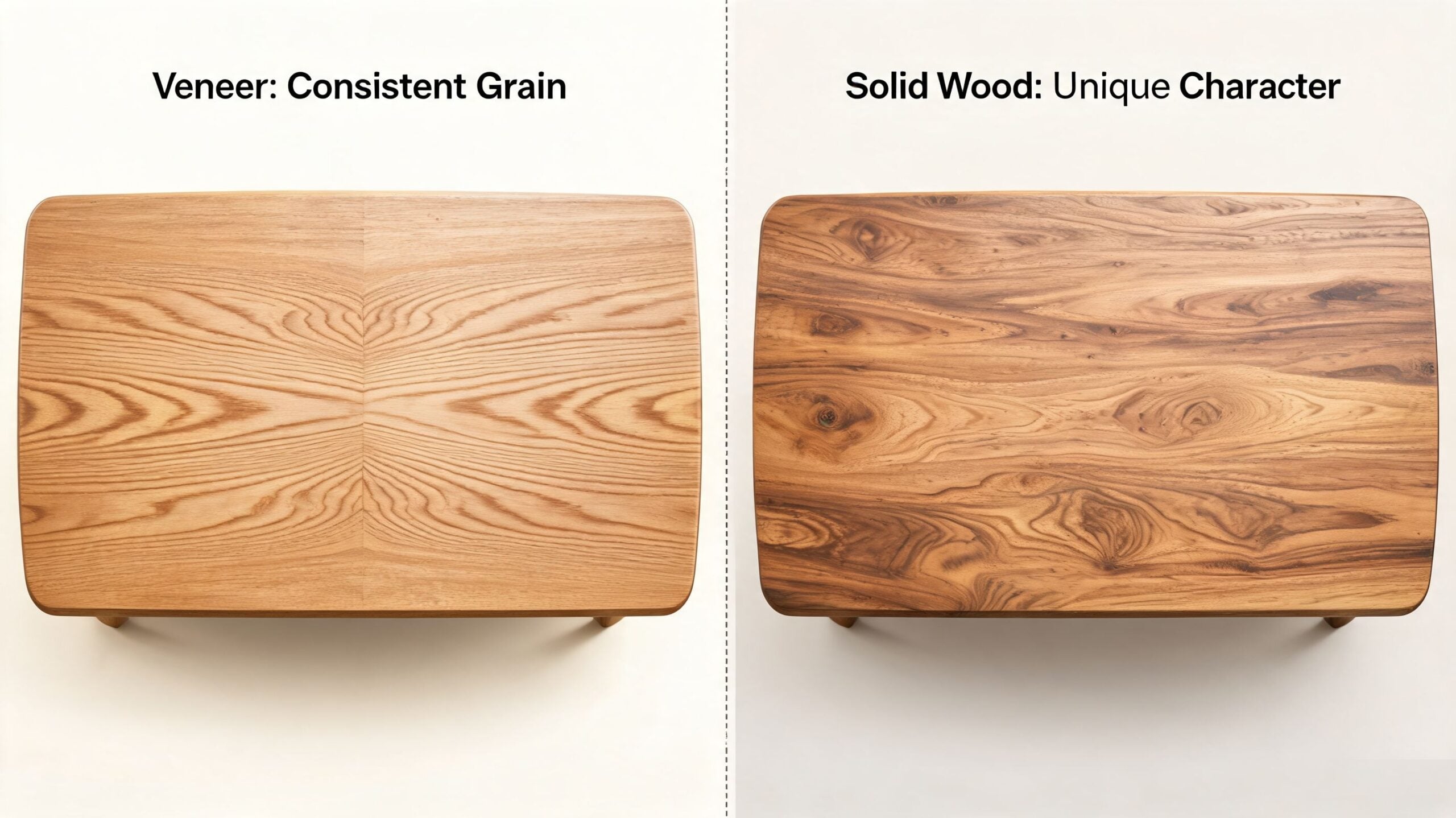 A top-down comparison between a table with consistent wood veneer and one with unique solid wood.