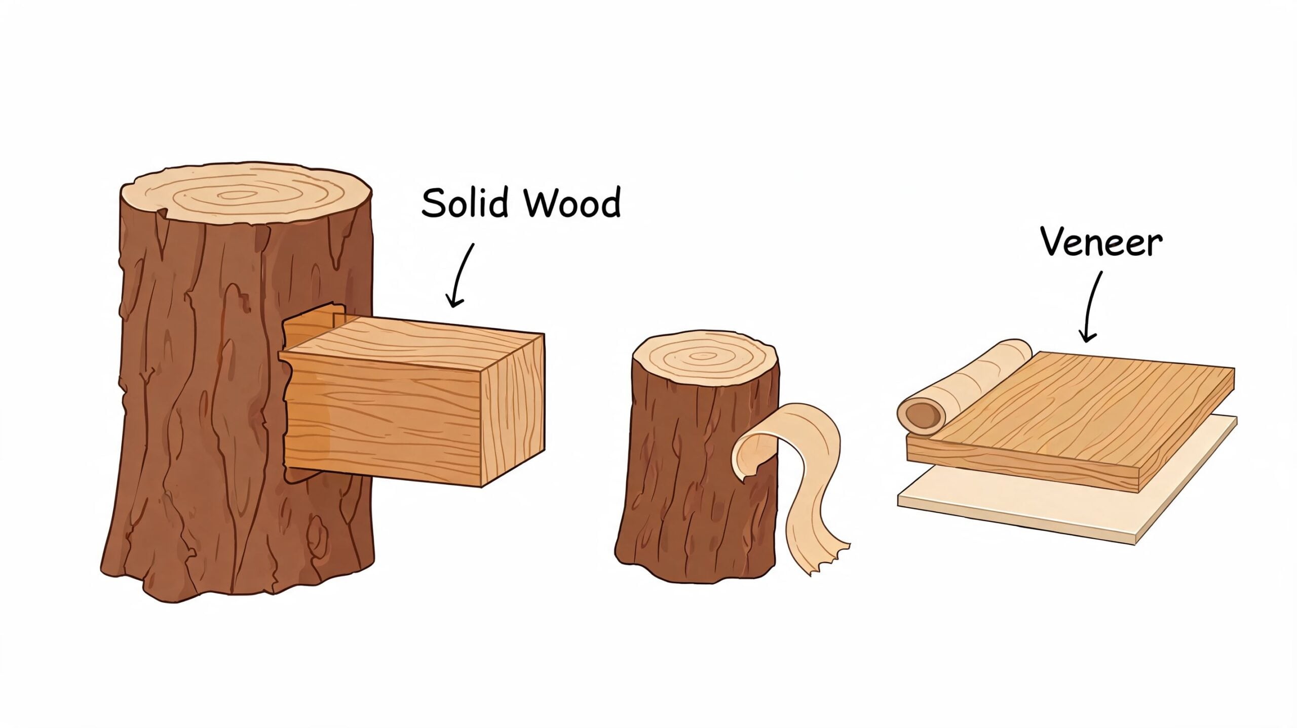 A diagram comparing solid wood blocks cut from a log to a thin layer of wood veneer.
