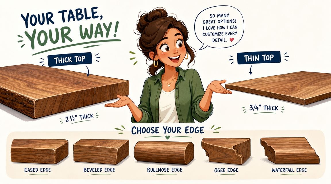 A friendly woman presenting solid wood table top thickness options and various decorative edge profile styles.