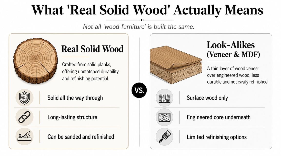 An infographic explaining the differences between real solid wood and engineered veneer or MDF wood furniture.