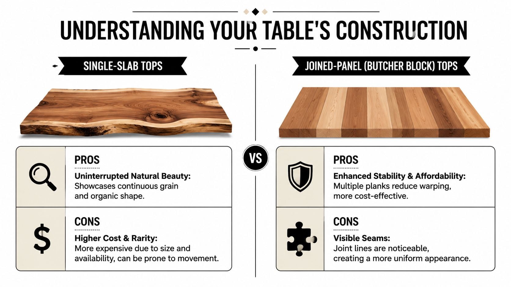A comparison chart showing the differences between single-slab wood tops and joined-panel butcher block table surfaces.