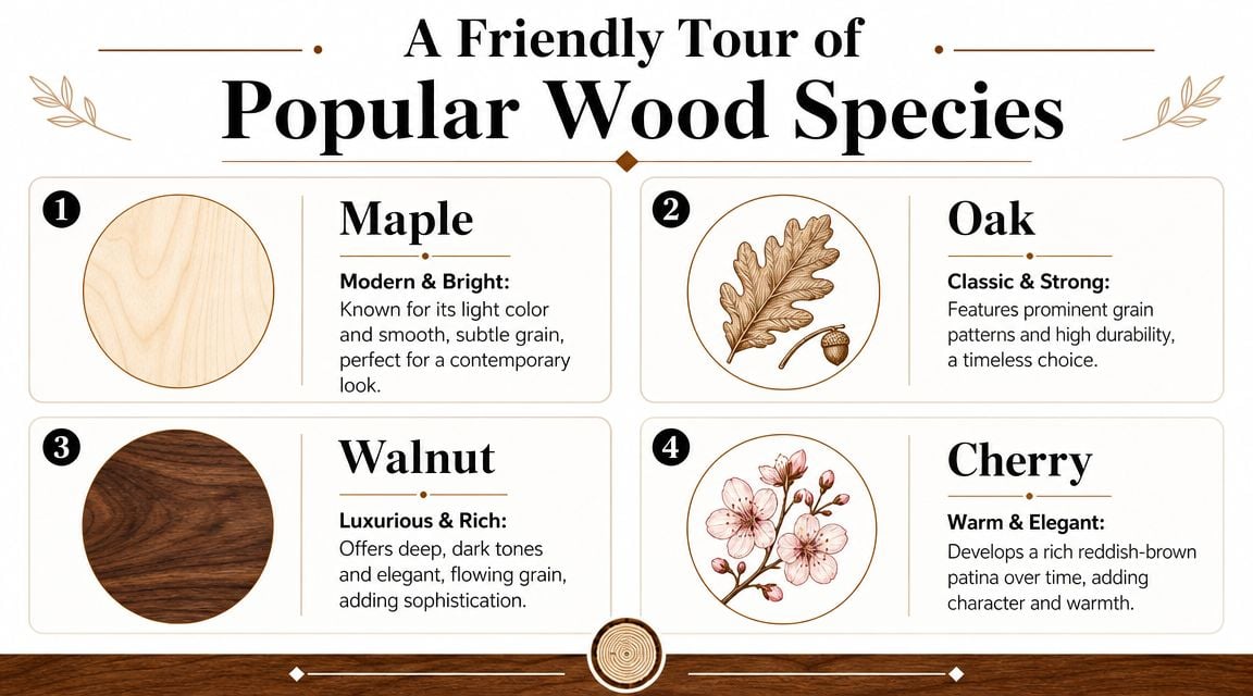 An infographic showing four types of wood including maple, oak, walnut, and cherry with descriptive characteristics.