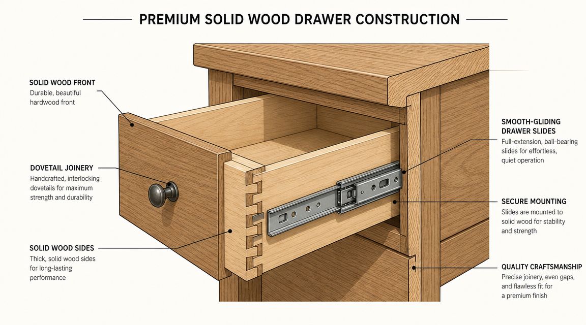 A detailed diagram illustrating the premium solid wood drawer construction and joinery of a wooden furniture piece.