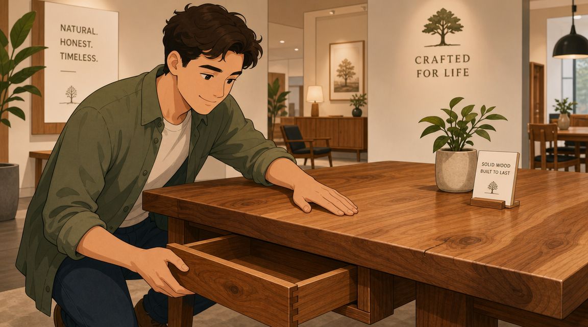 A young man examines the quality of a beautifully crafted solid wood table in a furniture store.