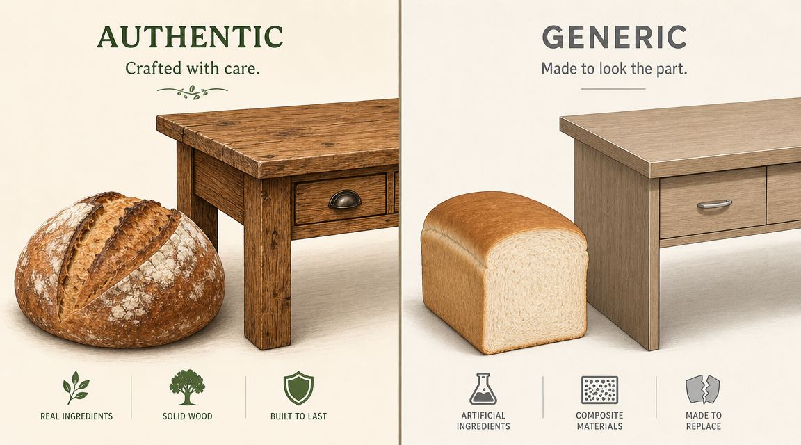 A comparison illustration between an authentic solid wood table with real bread and a generic furniture product.