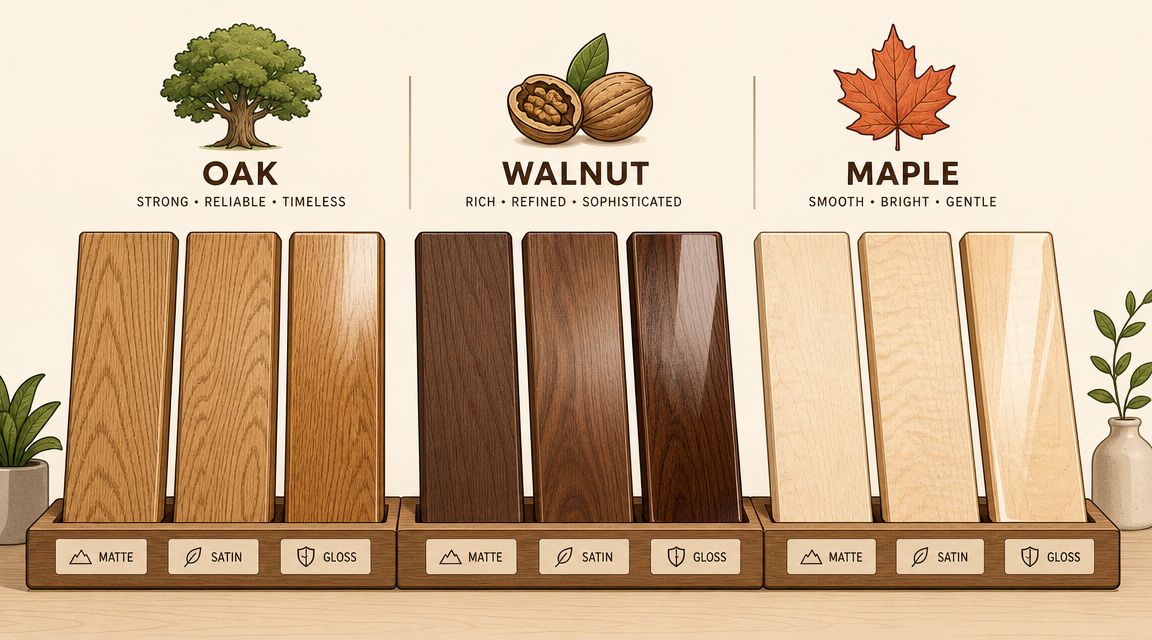 A wood selection guide showing oak, walnut, and maple wood samples with matte, satin, and gloss finish options.