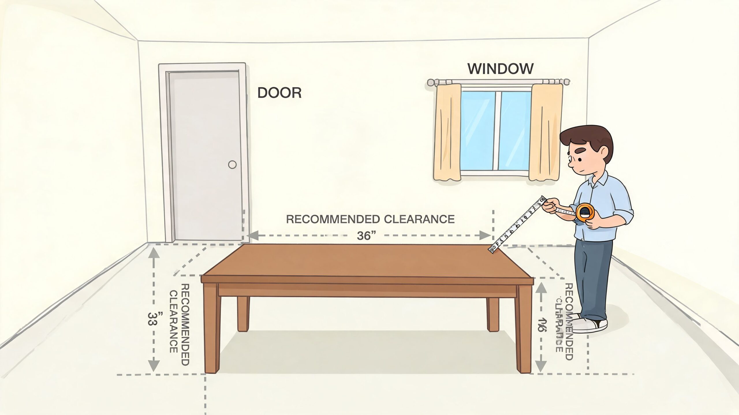 A man measuring a wooden table in a room with a door and window showing recommended clearance space.