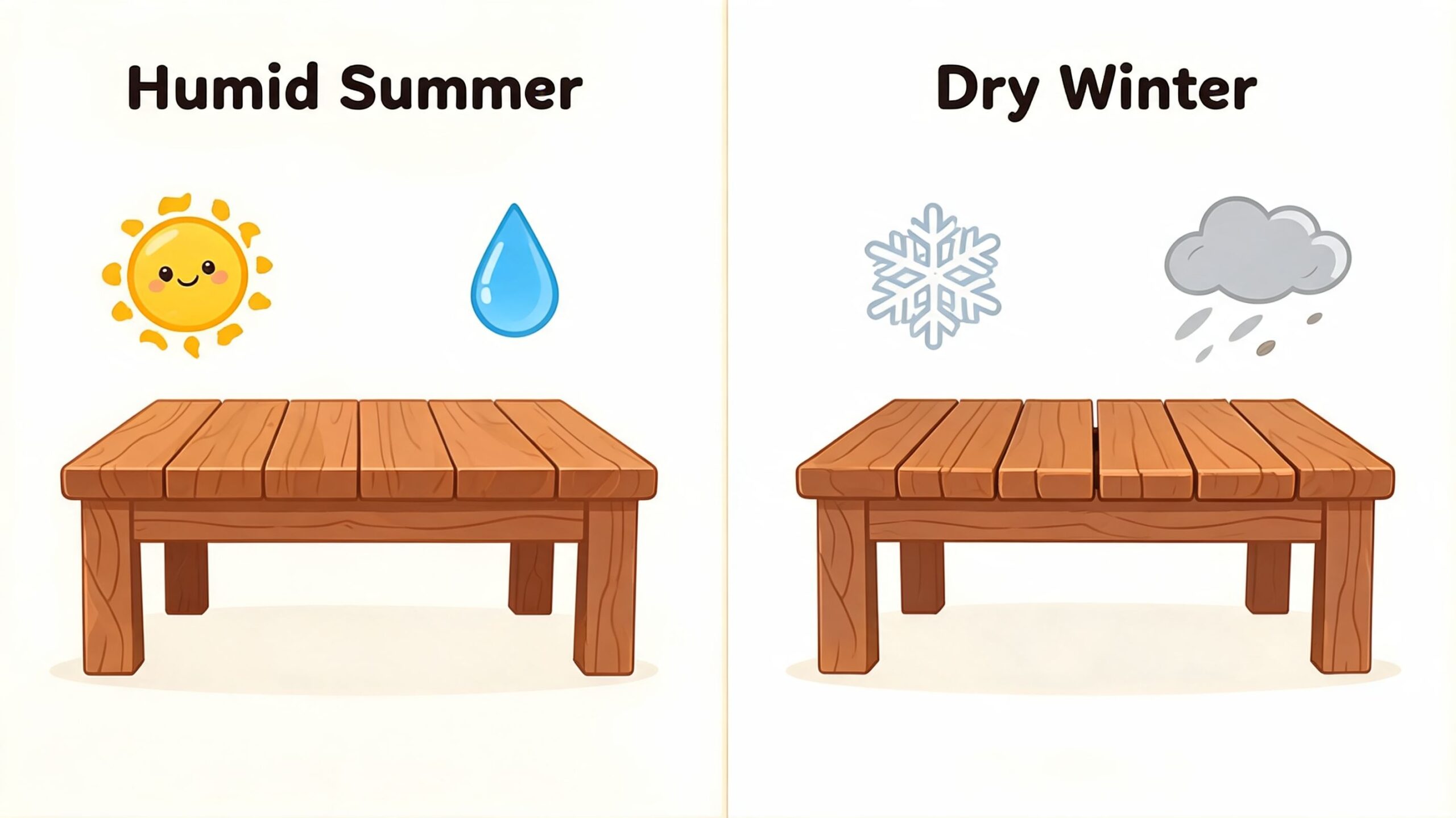 A comparison showing how a solid wood table with leaf expands in humid summer and contracts in dry winter.