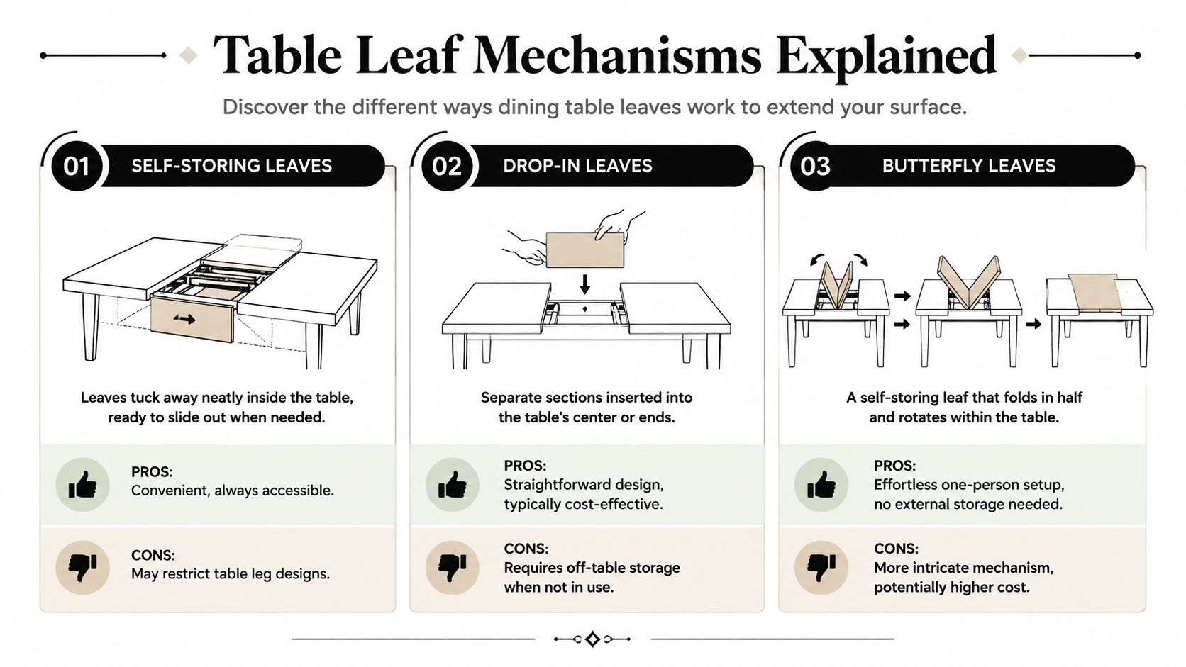 An infographic showing three types of dining table leaf mechanisms including self-storing, drop-in, and butterfly leaves.