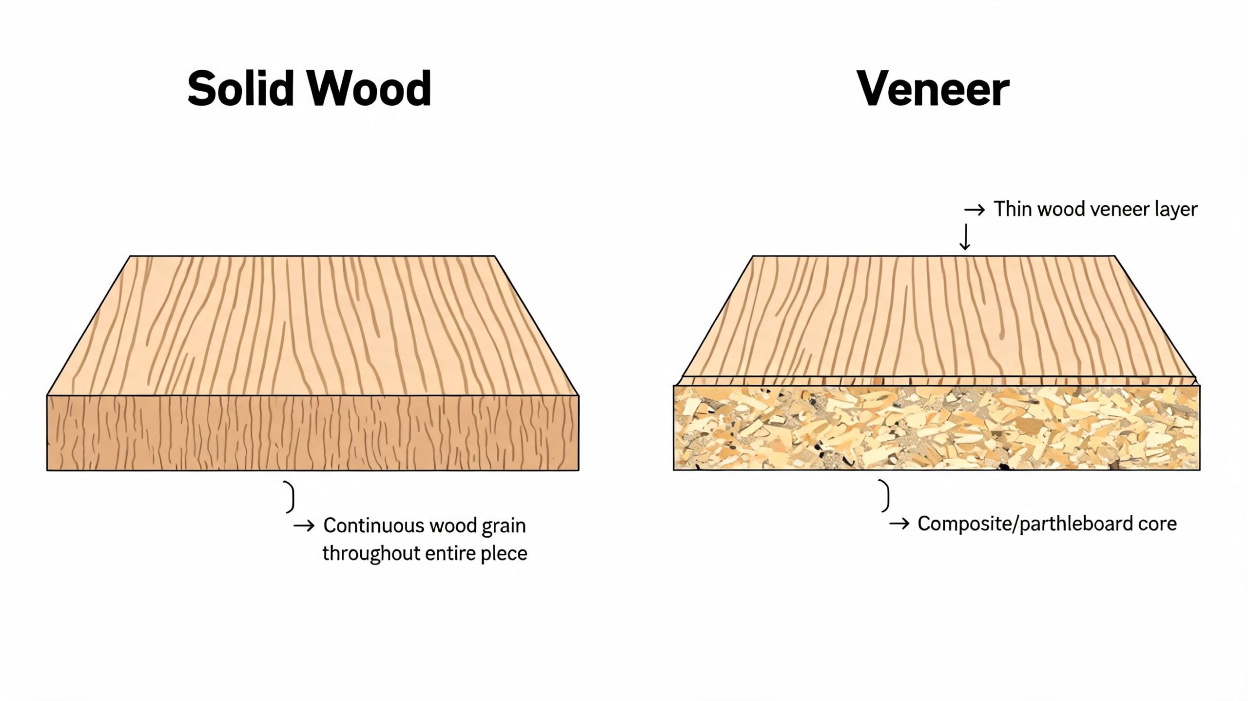 A diagram comparing solid wood with continuous grain to veneer wood with a particleboard core.