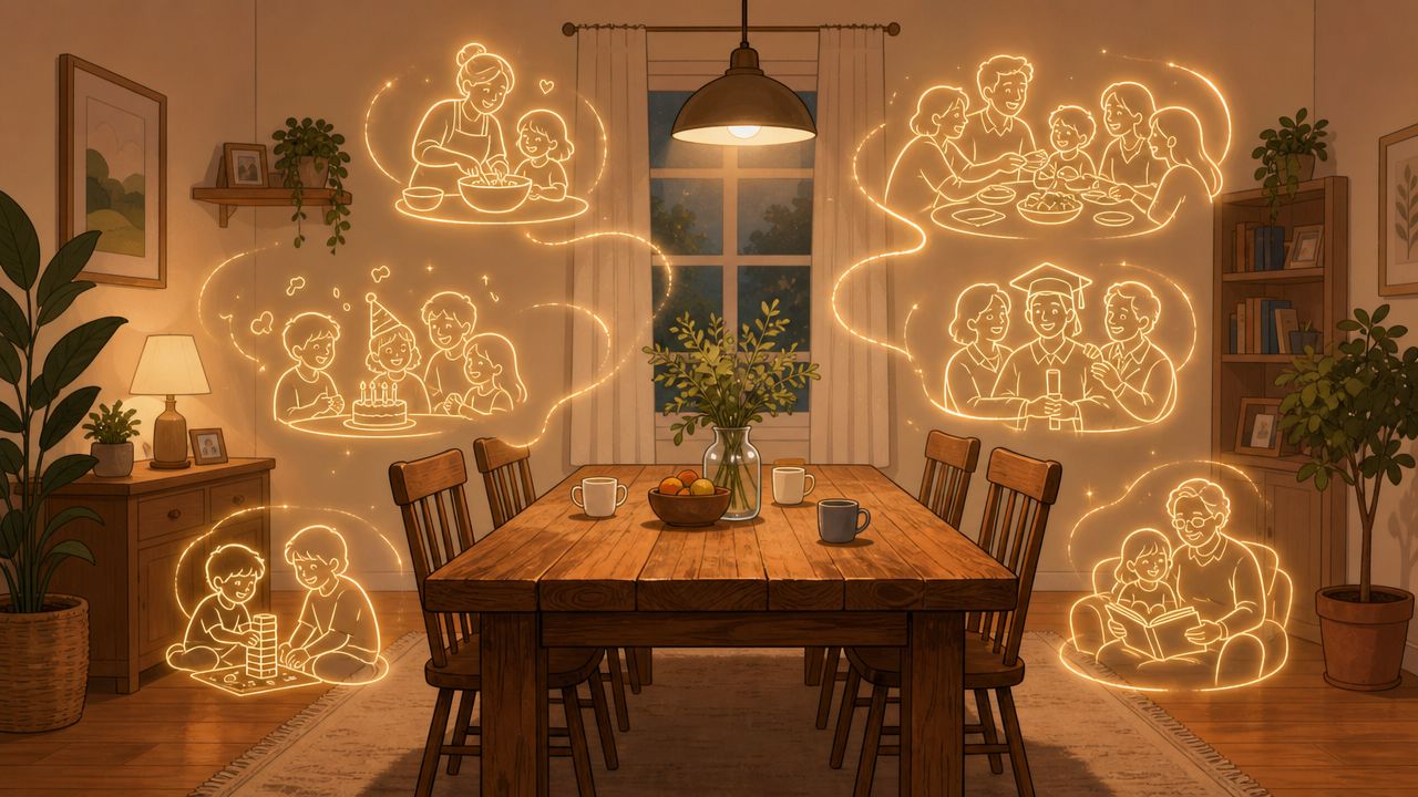 A warm dining room scene featuring a wooden table with glowing sketches depicting happy family memories.