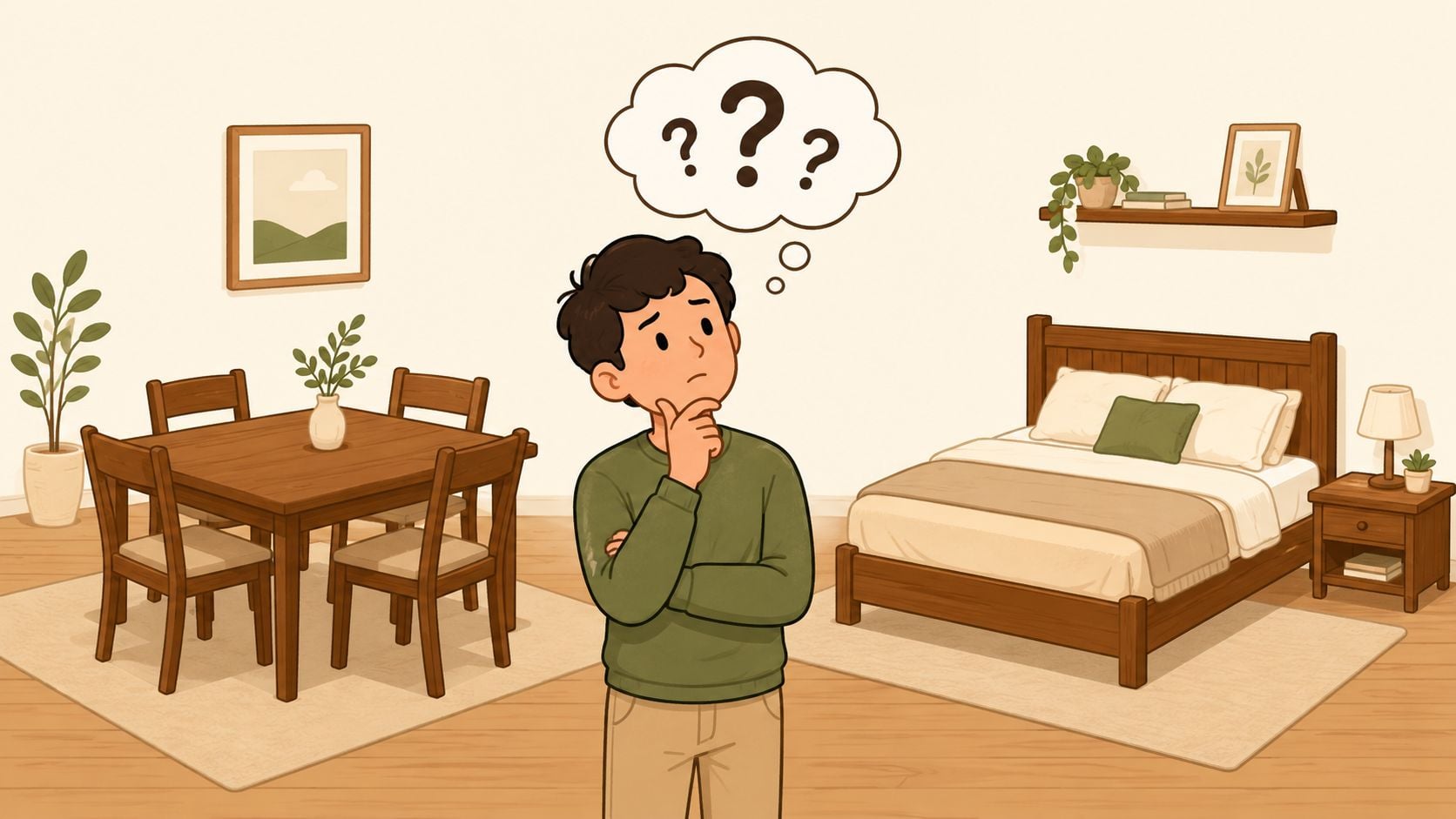 A young man standing between a wooden dining table and a wooden bed thinking about furniture options.