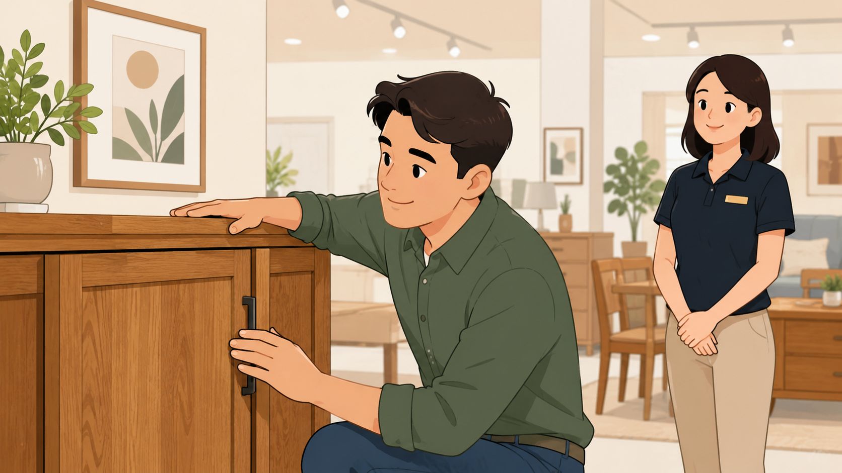 A male customer examines a solid wood cabinet while a store assistant smiles nearby in a showroom.