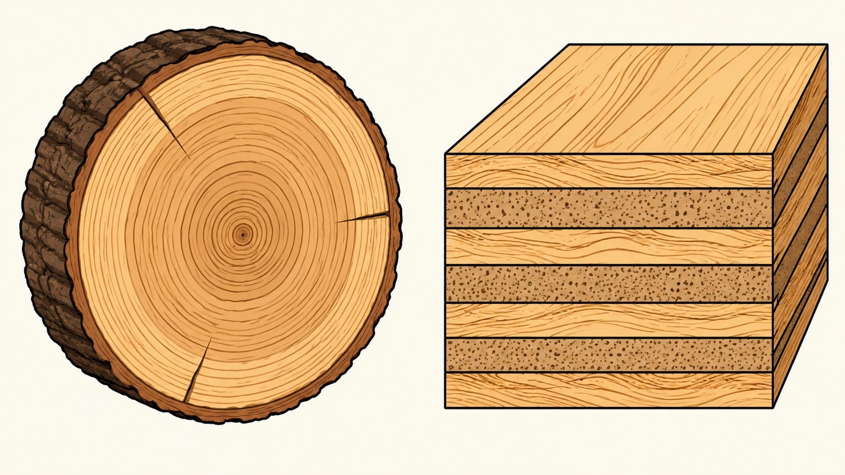 A comparison illustration showing a raw natural wood log next to a piece of composite engineered wood.