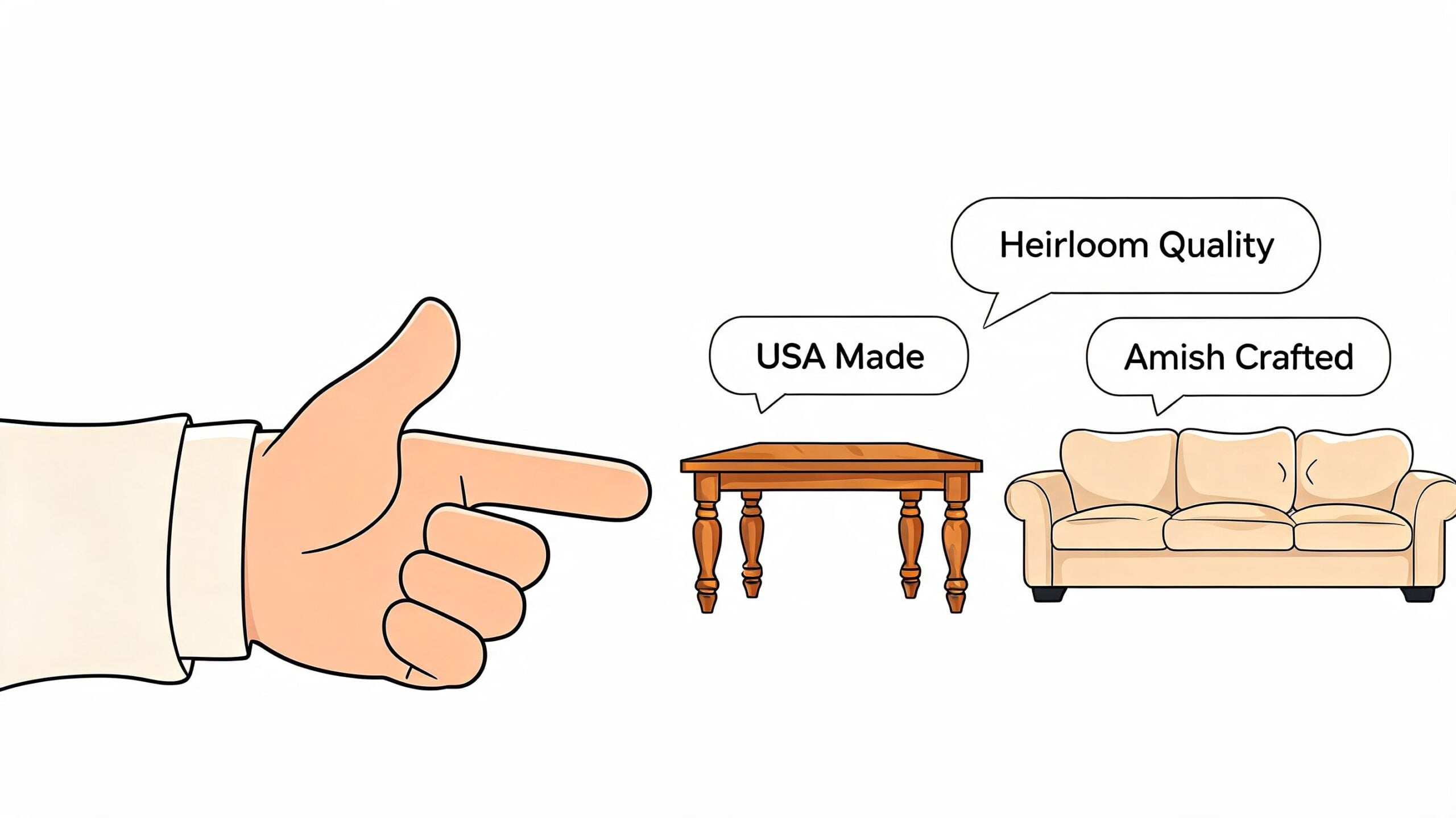 A hand pointing at a wooden table labeled USA Made and a couch labeled Amish Crafted and Heirloom Quality.