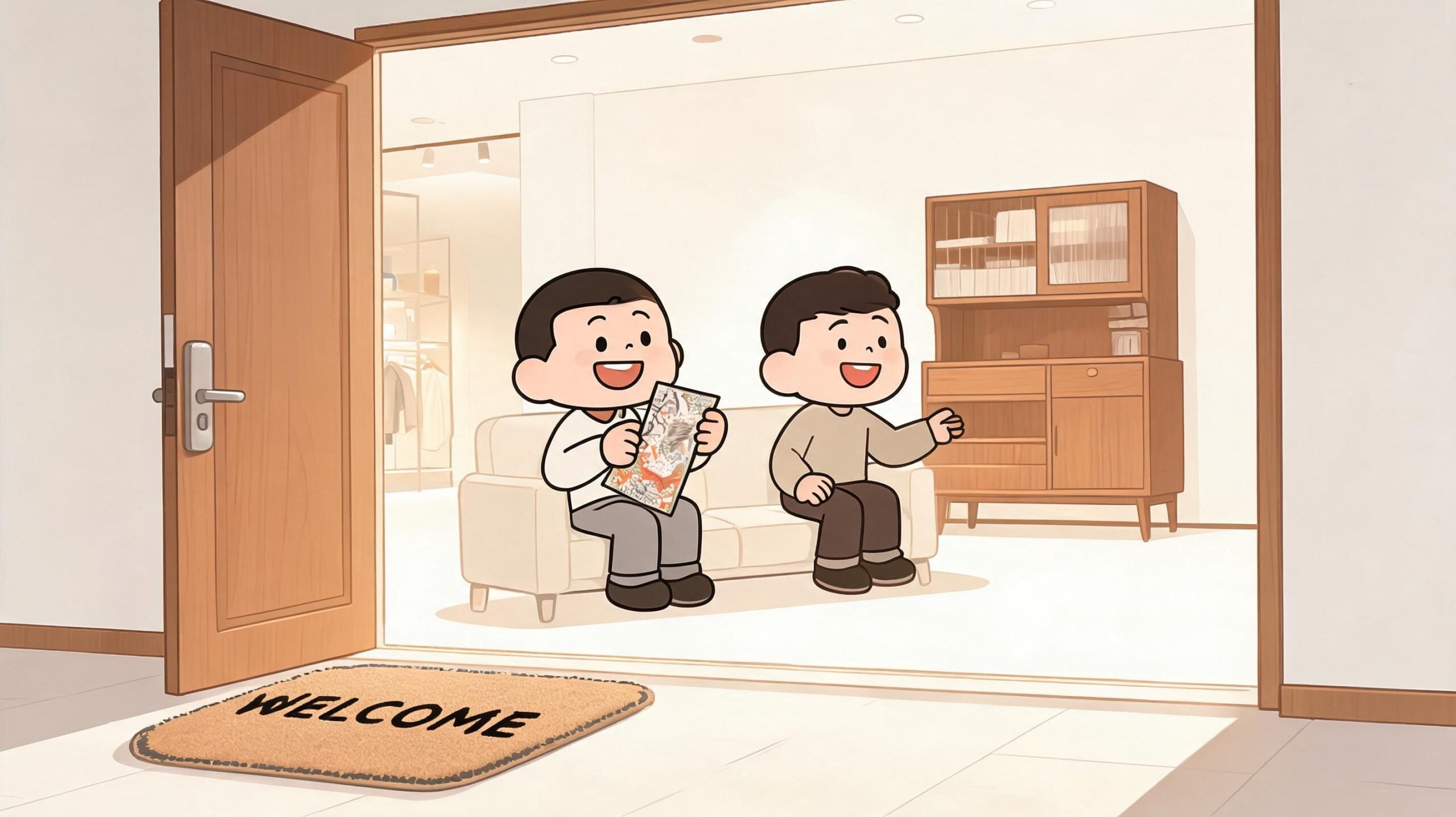 Two friendly cartoon men sitting on a couch in a bright and welcoming modern furniture store.