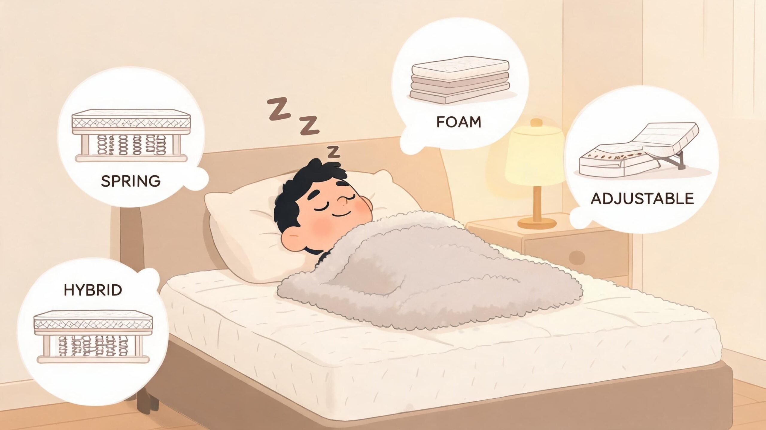 An illustration of a person sleeping peacefully in bed, surrounded by various mattress types including hybrid, spring, foam, and adjustable.